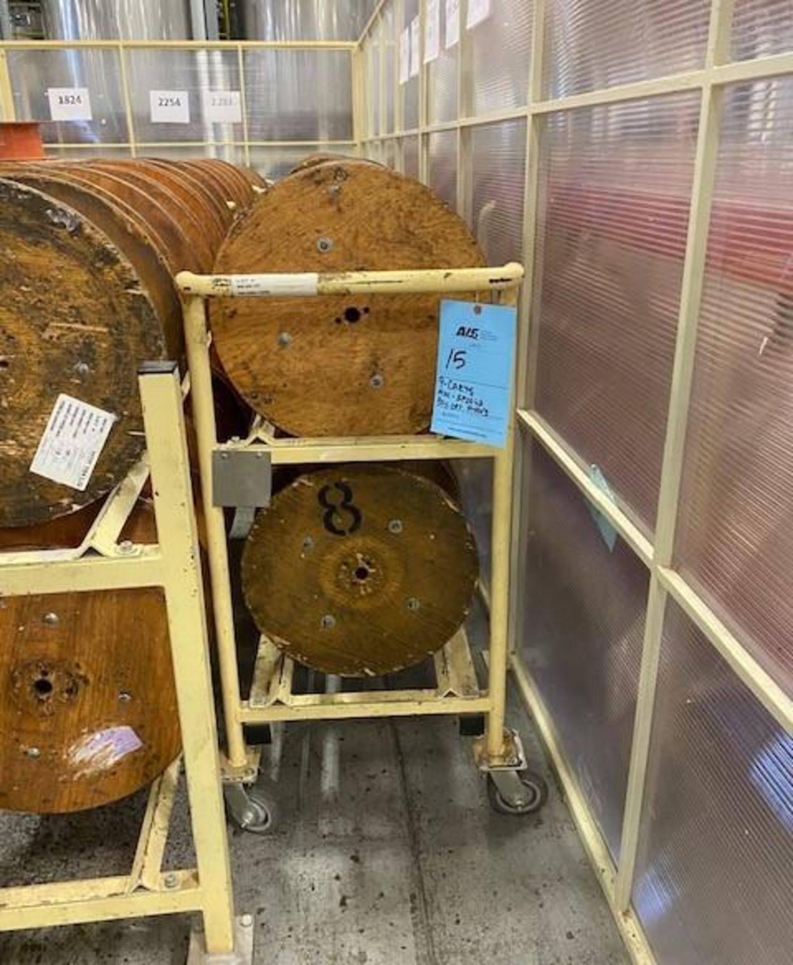 Lot Consisting Of: (9) Steel spool holding carts, wooden spools and pay-off stand. Last used with lo - Image 3 of 3