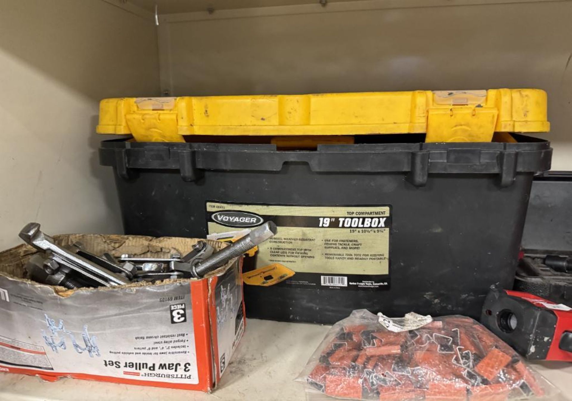Lot Consisting Of: (2) Cabinets, (1) cart. With misc. Dewalt batteries and charger, battery operated - Image 8 of 17