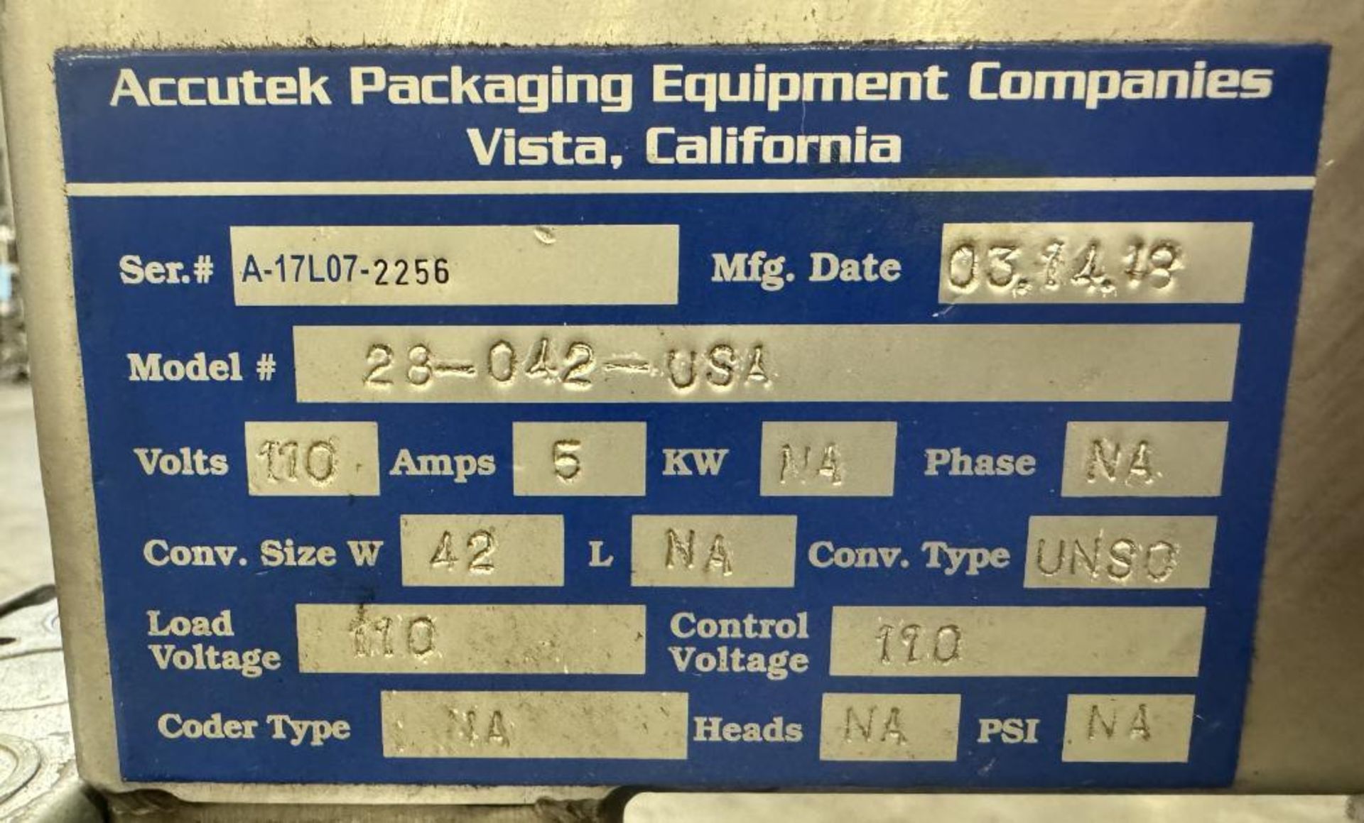 Accutek Packaging Equipment 42" Diameter Unscrambler Turn Table, Model 28-042-USA, Serial# A-17L07-2 - Image 4 of 4