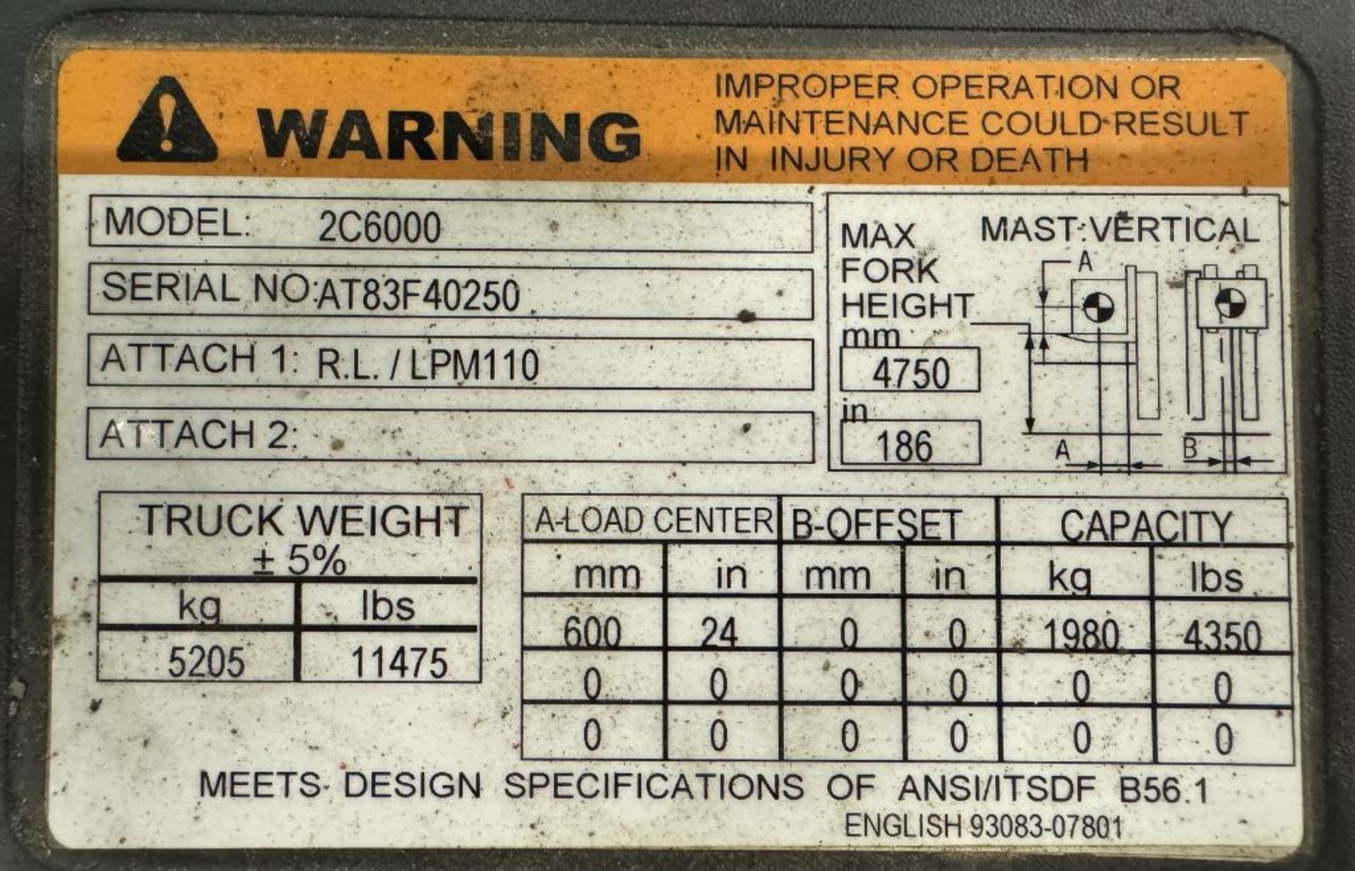 Caterpillar Approximate 6000 Pound LP Forklift, Model 2C6000, Serial# AT83F40250. UL Classified, app - Image 14 of 14