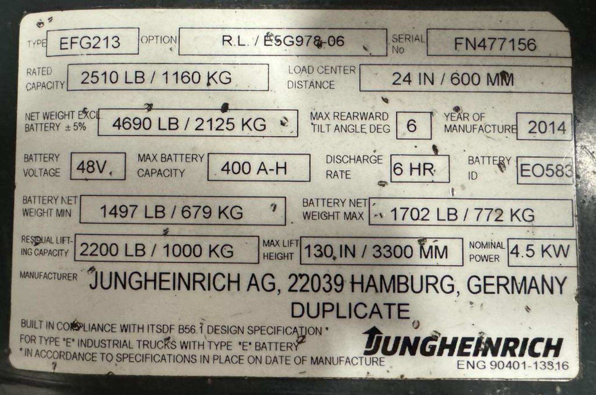 Jungheinrich Approximate 2500 Pound Electric Forklift, Model EFG213, Serial# FN477156. Approximate 1 - Image 12 of 12