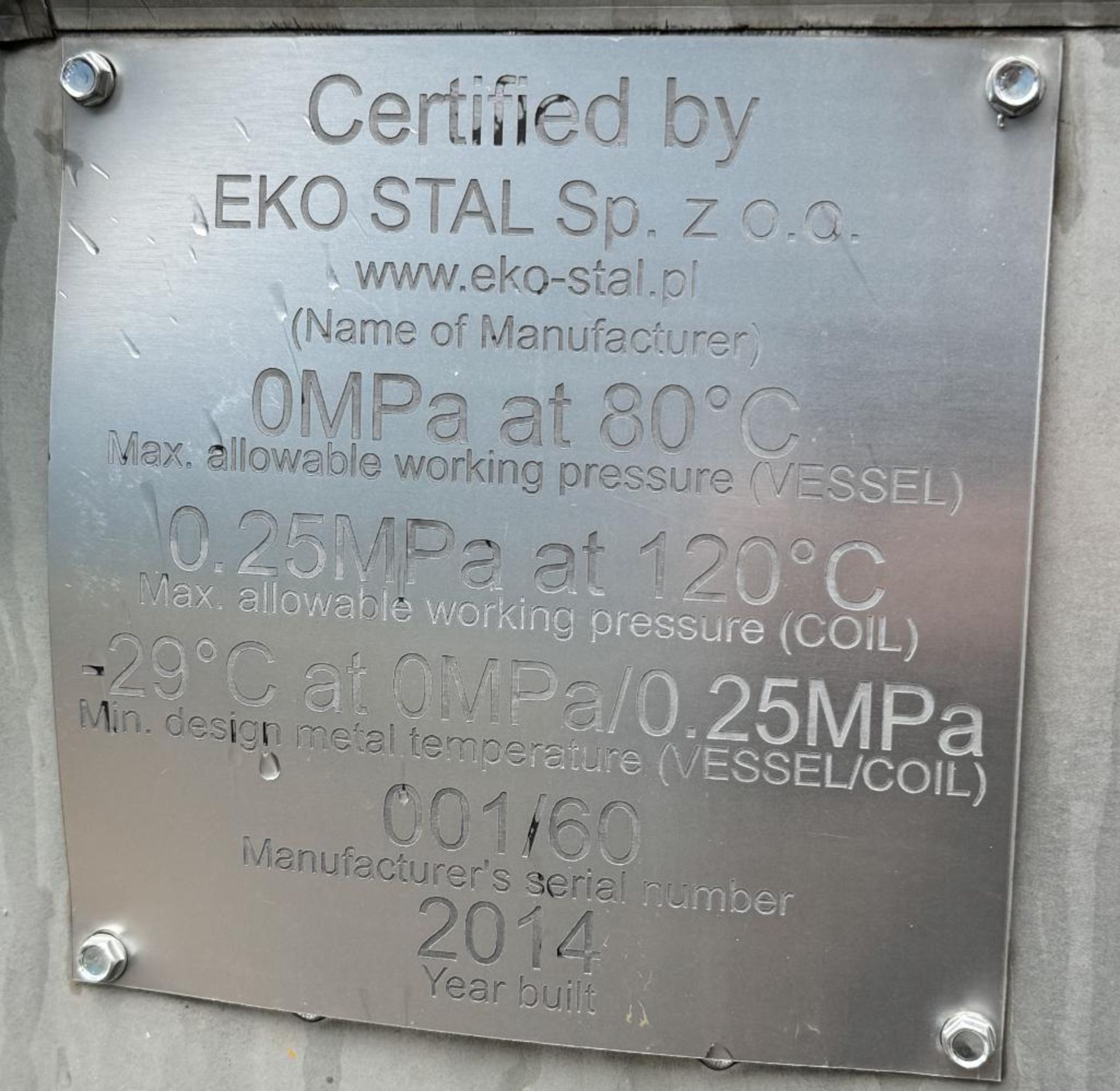EKO Stal Approximate 60,000 Liter 304 Stainless Steel Tank. Approximate overall 146 x 26' tall. Part - Image 13 of 18