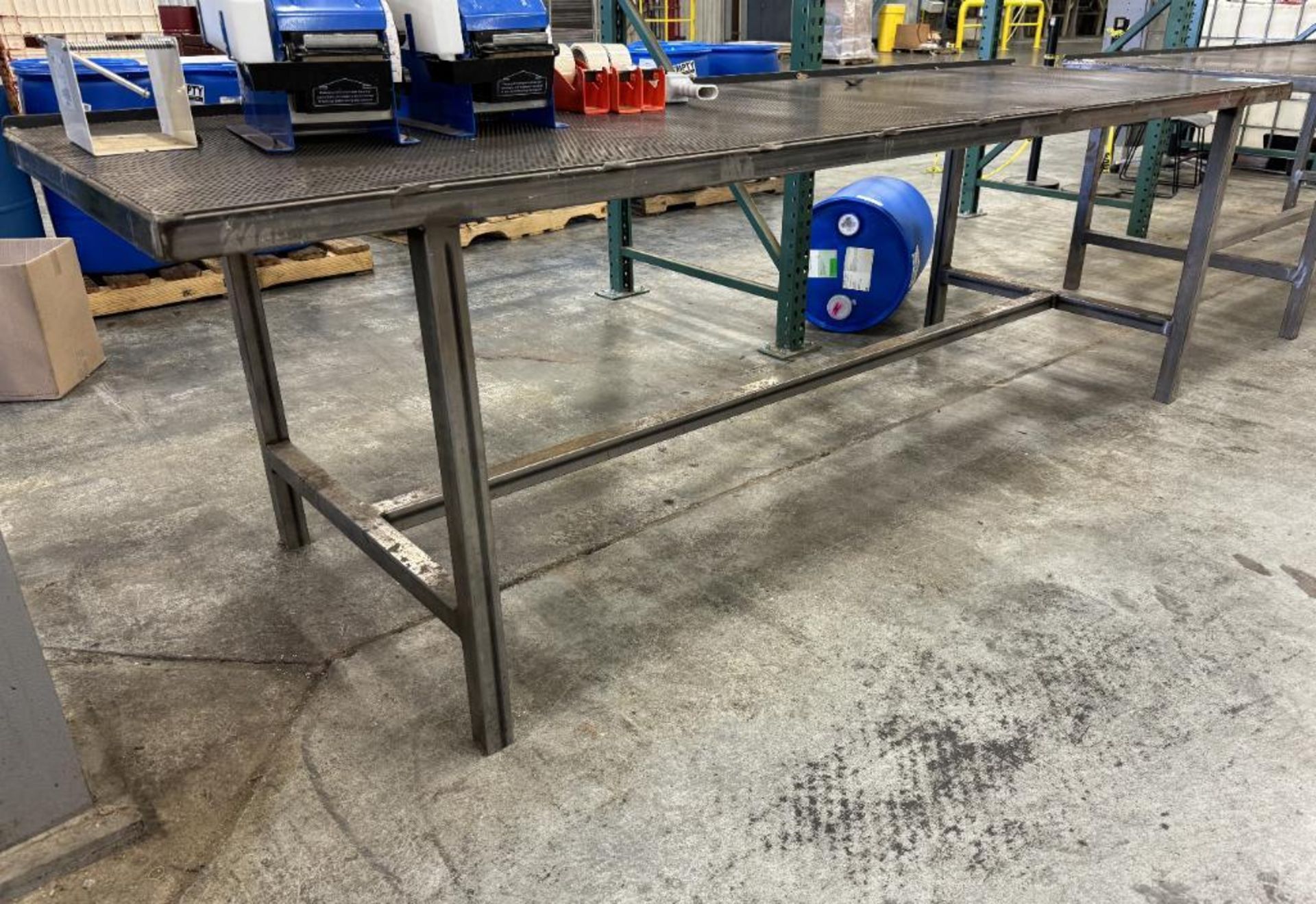 Lot Of (2) Steel Welded Perforated Top Tables, Approximate 36" x 120".