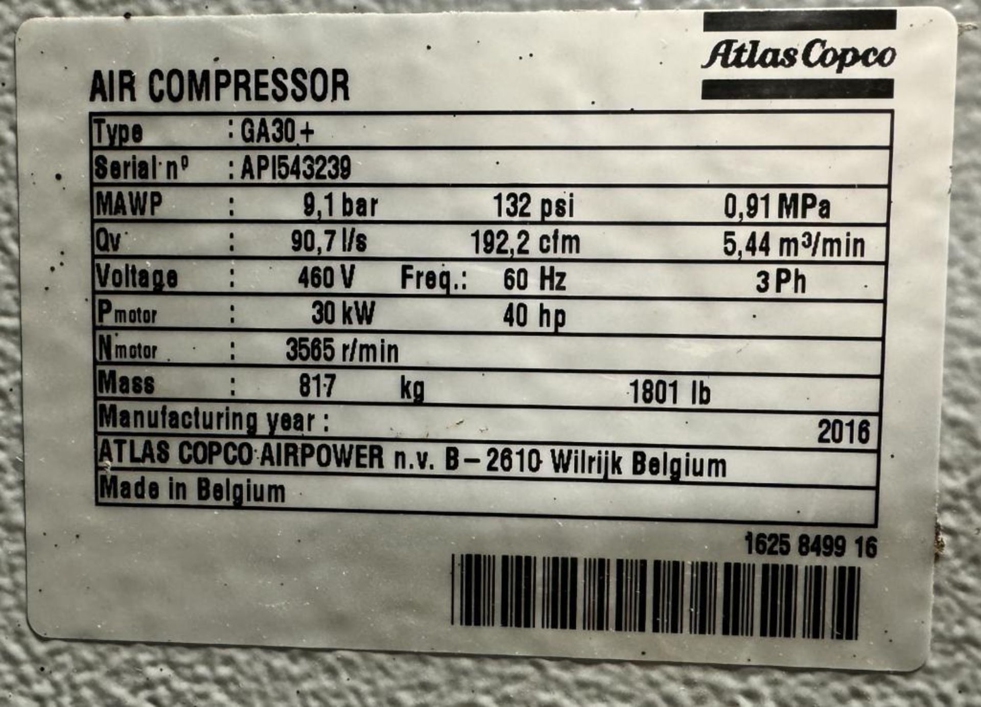 Atlas Copco Air Compressor, Model GA30+, Serial# API543239, Built 2016. Approximate 27378 running ho - Image 10 of 10