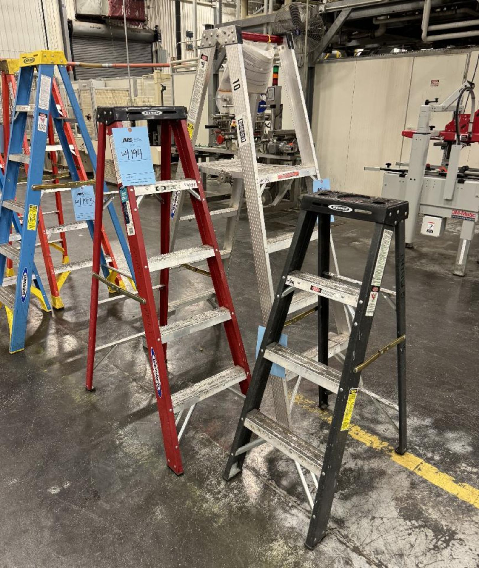 Lot Of (3) Werner Ladders. With (1) Werner 800# aluminum 4' podium model 1374, (1) Werner 225# 4' fi