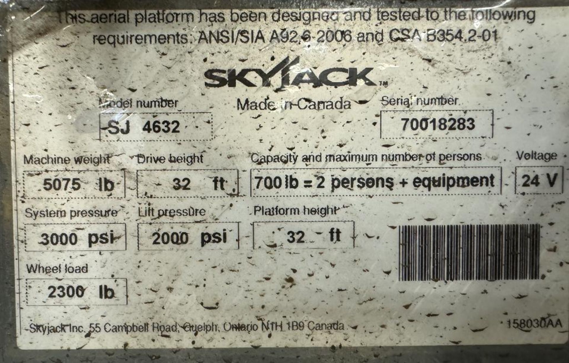 SkyJack Electric Scissor Lift, Model SJ 4632, Serial# 70018283. Approximate 32' platform height. - Image 9 of 9