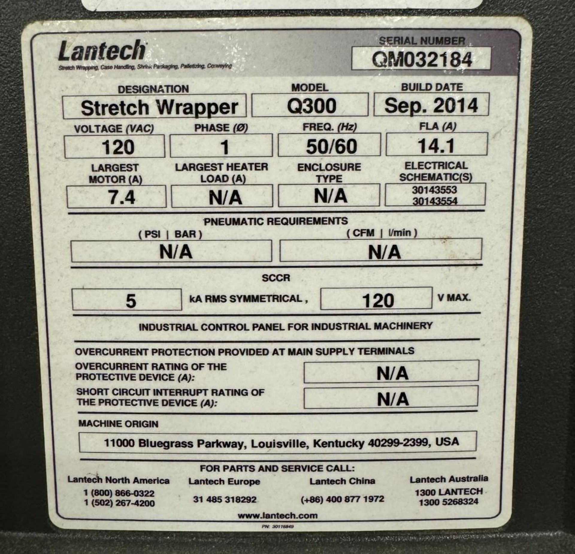 Lantech Q300 Stretch Wrapper, Serial# QM032184, Built 2014. - Image 7 of 10