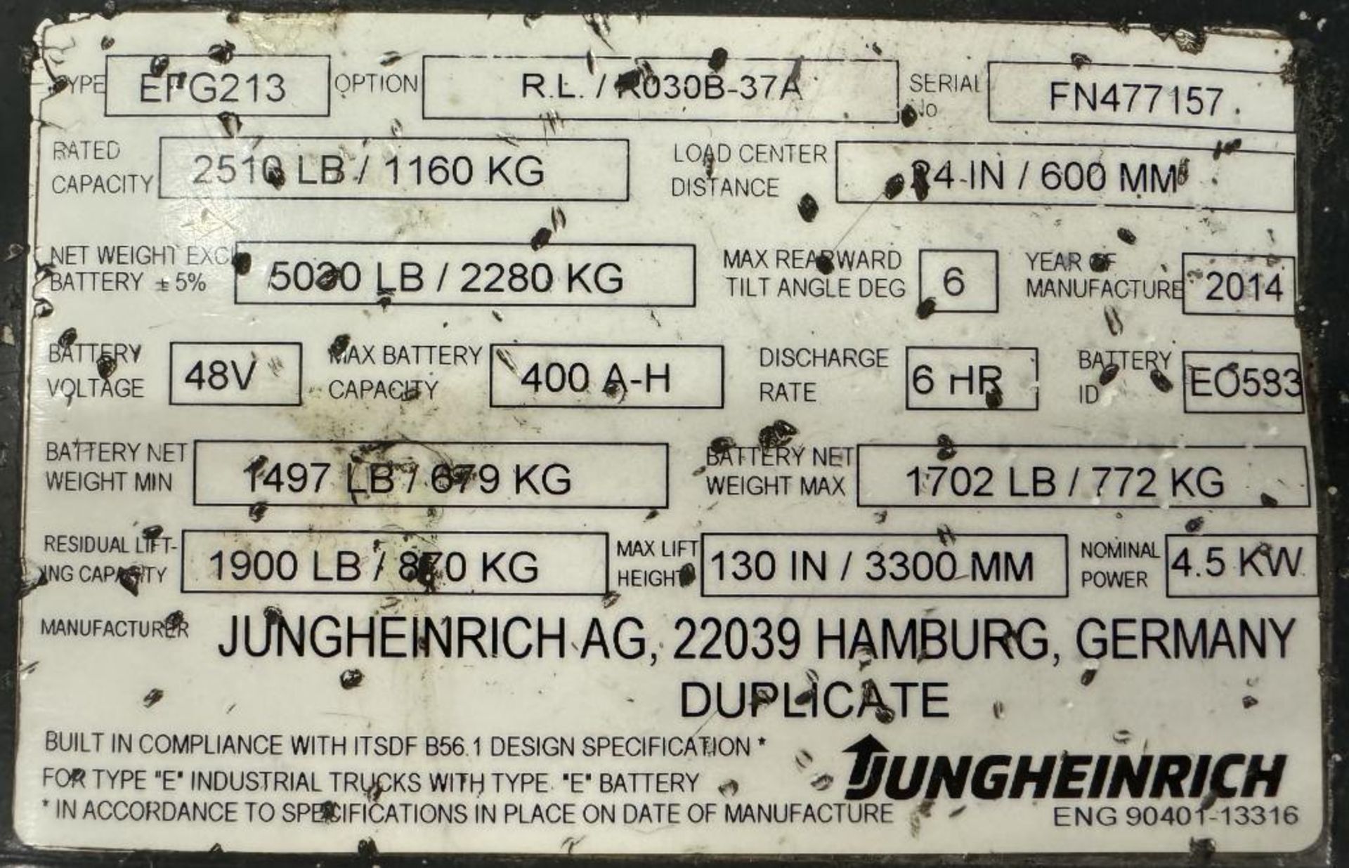 Jungheinrich Approximate 2500 Pound Electric Forklift, Model EFG213, Serial# FN477157. Approximate 6 - Image 13 of 13