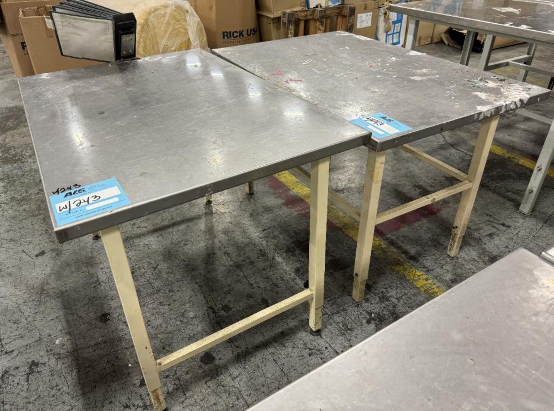 Lot Of (4) Stainless Steel Top Tables. With steel frame. - Image 2 of 3