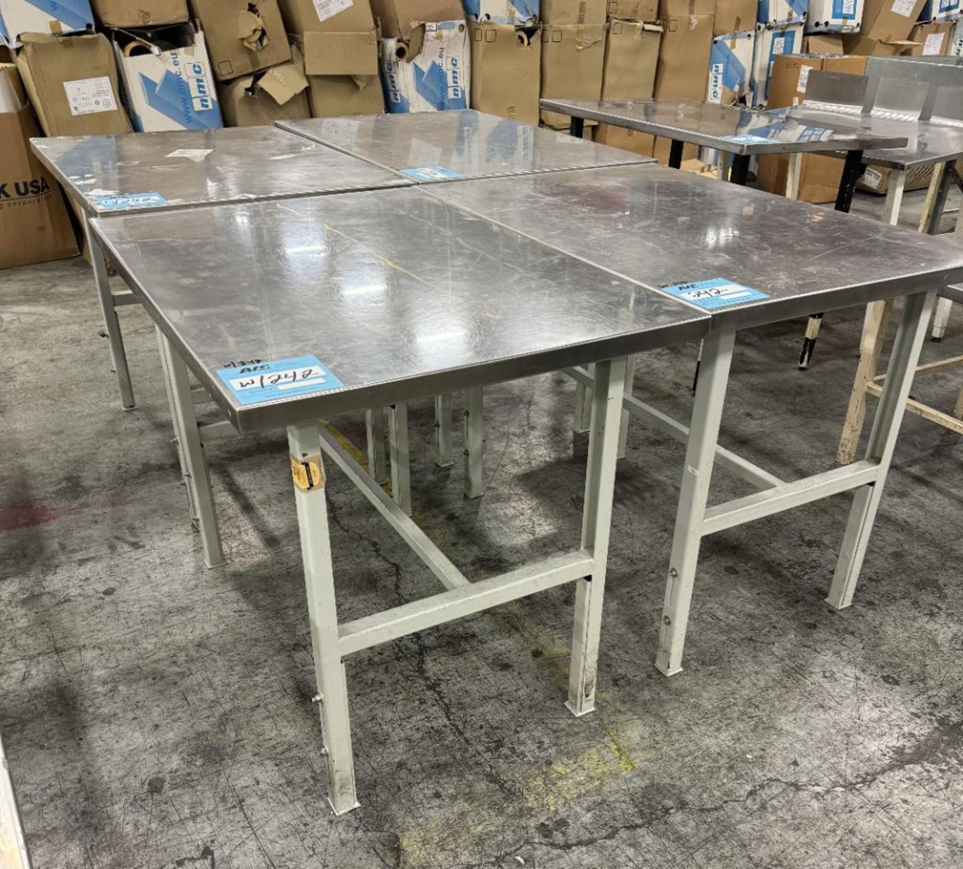 Lot Of (4) Stainless Steel Top Tables. With steel frame. - Image 4 of 4