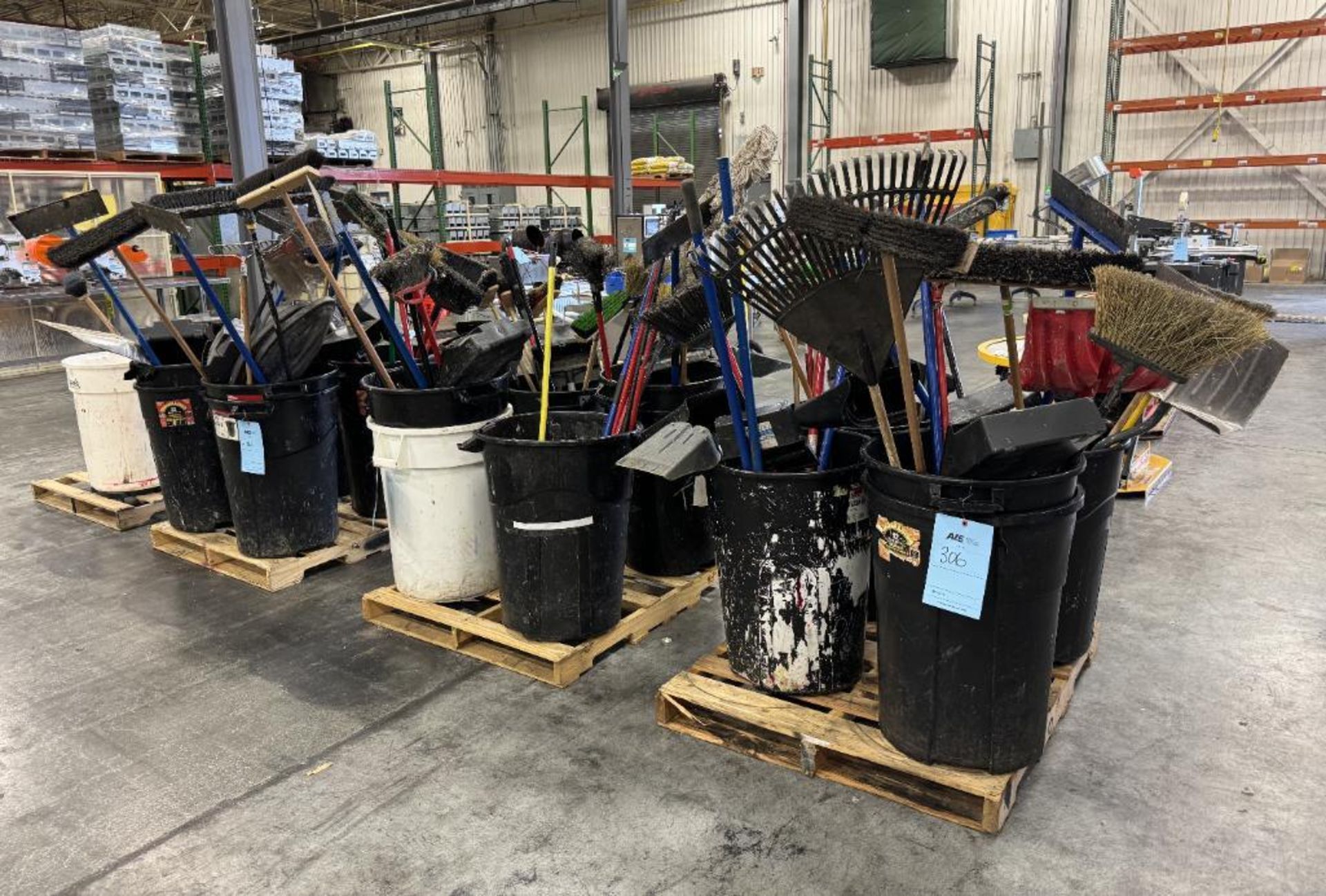 Lot Consisting Of: Misc. garbage cans, Mops, brooms, rakes, shovels and dust pans.