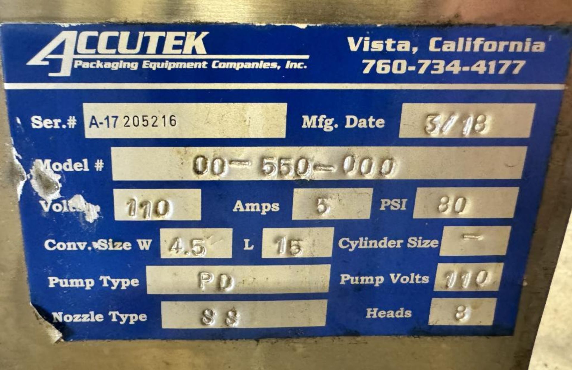 Accutek Packaging Equipment Auto Pinch Series (8) Nozzle Filler, Model 00-550-000, Serial# A-17-2052 - Image 11 of 11