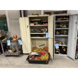 Lot Consisting Of: (2) Cabinets, (1) cart. With misc. Dewalt batteries and charger, battery operated