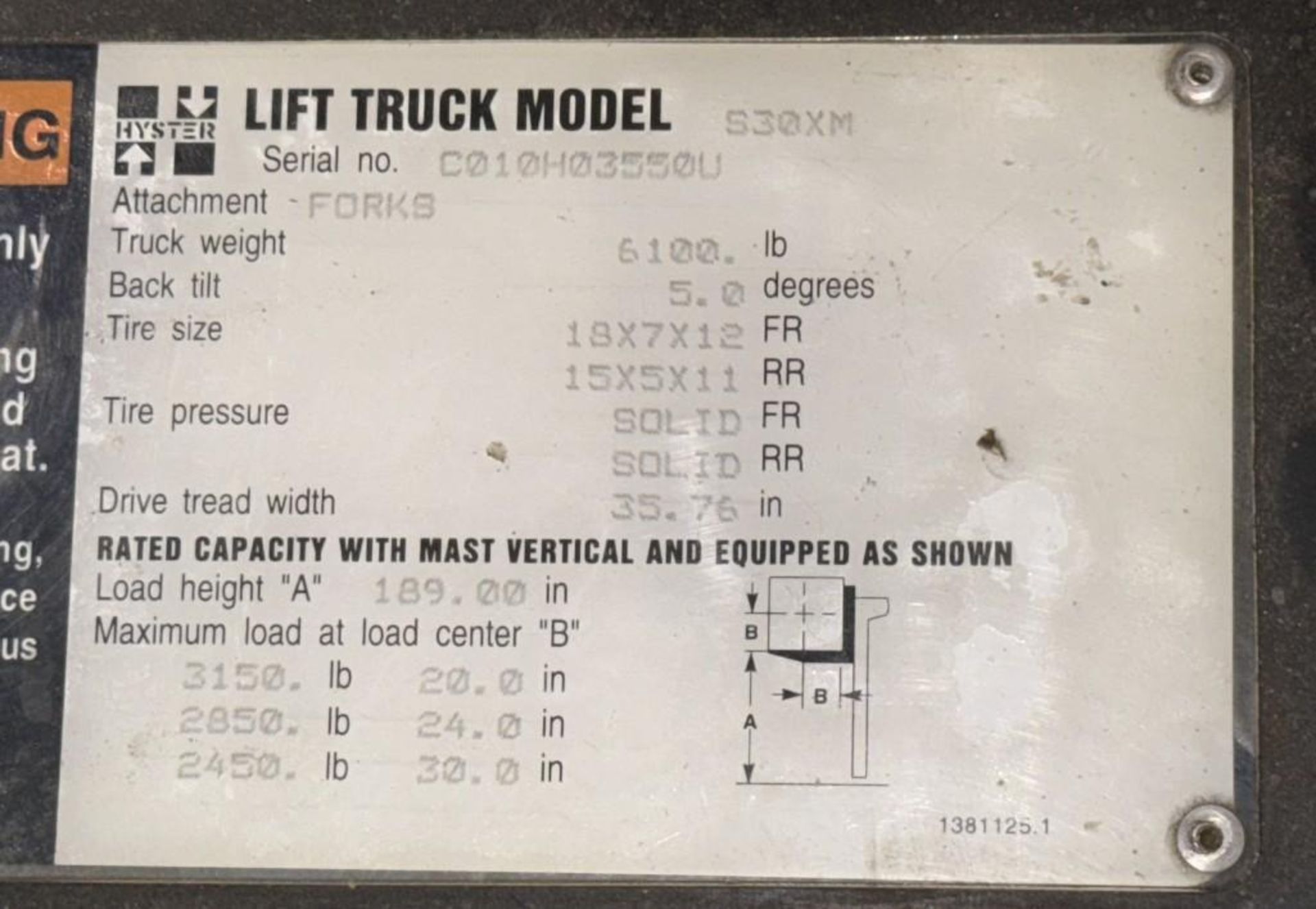 Hyster Approximate 3000# Propane Forklift, Model S30XM, Serial# C010H03550U. Approximate 9403 hours - Image 14 of 14