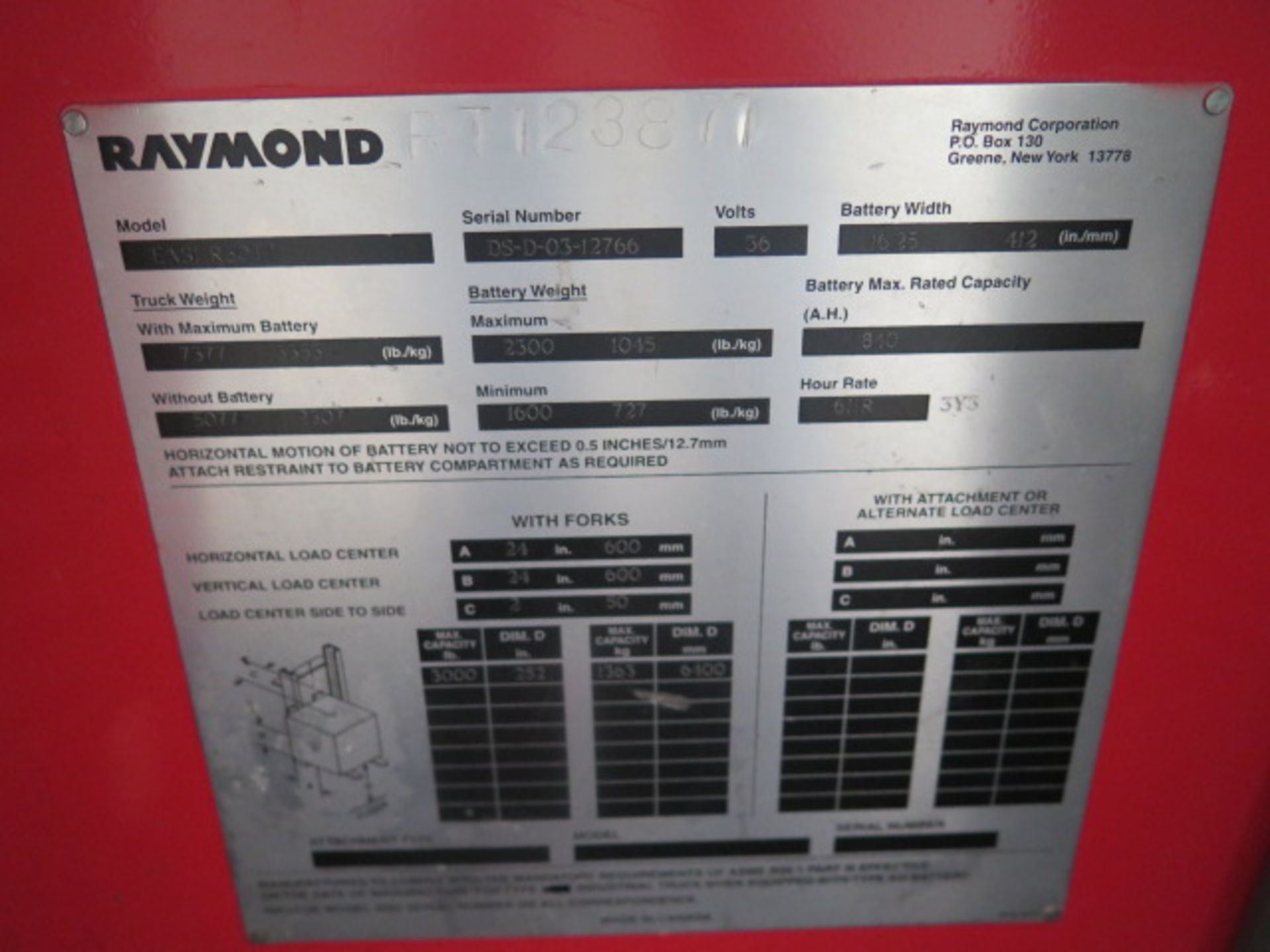 Raymond EASI R30 3000 Lb Cap Stand-In Reach Fork Electric Pallet Mover s/n DS-D-03-12766, SOLD AS IS - Image 15 of 15