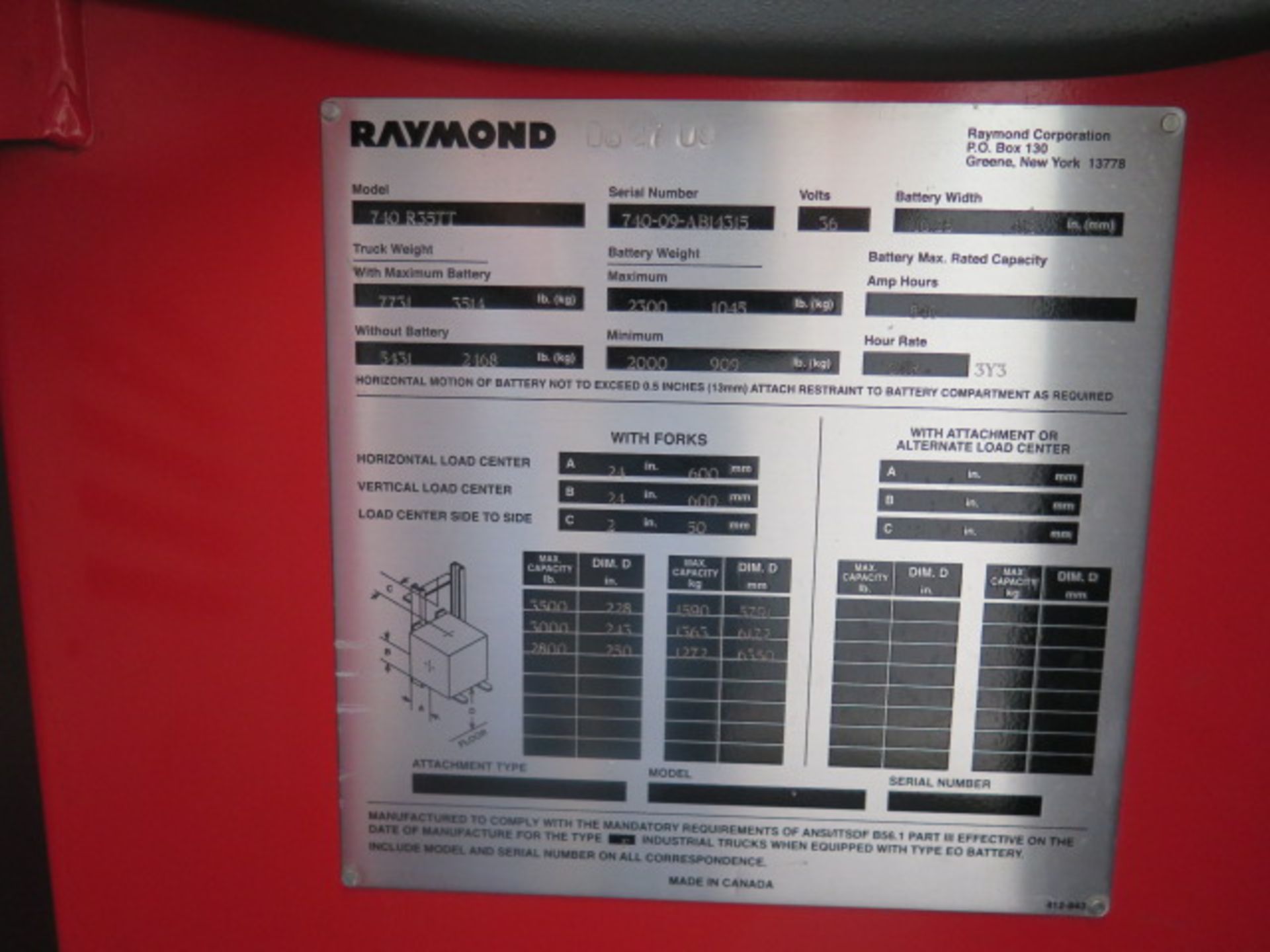 Raymond 740 R35TT 3500 Lb Cap Stand-In Reach Fork Elec Pallet Mover s/n 740-09-AB14315, SOLD AS IS - Image 14 of 14