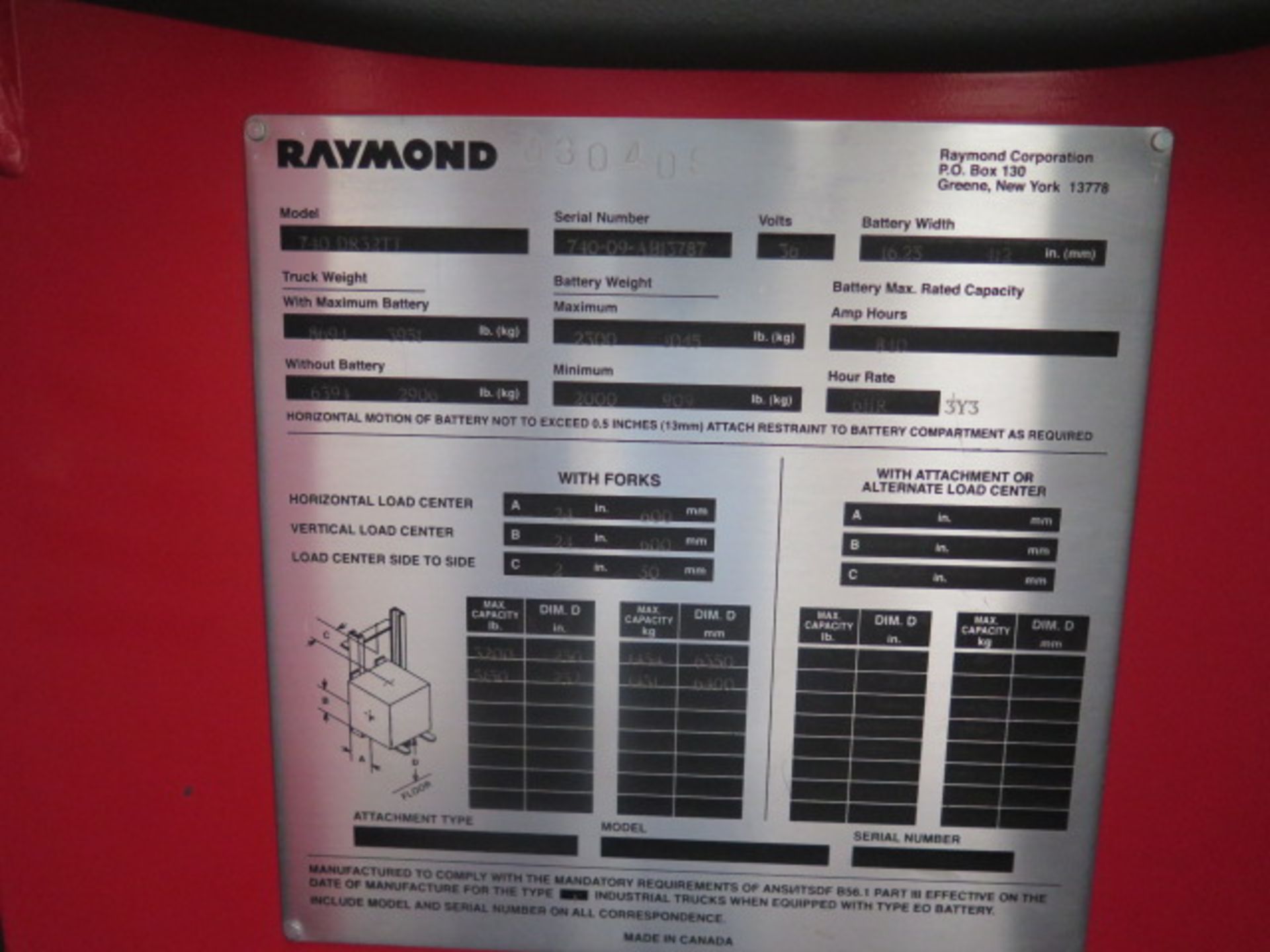 Raymond 740DR32TT 3200 Lb Cap Stand-In Reach Fork Elec Pallet Mover s/n 740-09-AB13787, SOLD AS IS - Image 15 of 15