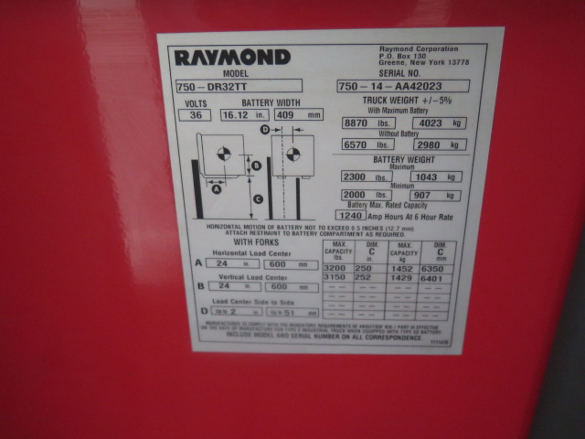 Raymond 750-DR32TT 3200 Lb Cap Stand-In Reach Fork Elec Pallet Mover s/n 750-14-AA42023, SOLD AS IS - Image 15 of 15