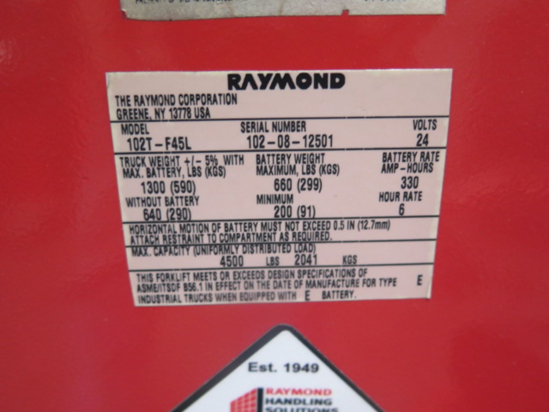 Raymond 102T-F45L 4500 Lb Cap Walk-Behind Electric Pallet Mover,w/ 24V, Built-In Charger, SOLD AS IS - Image 9 of 9