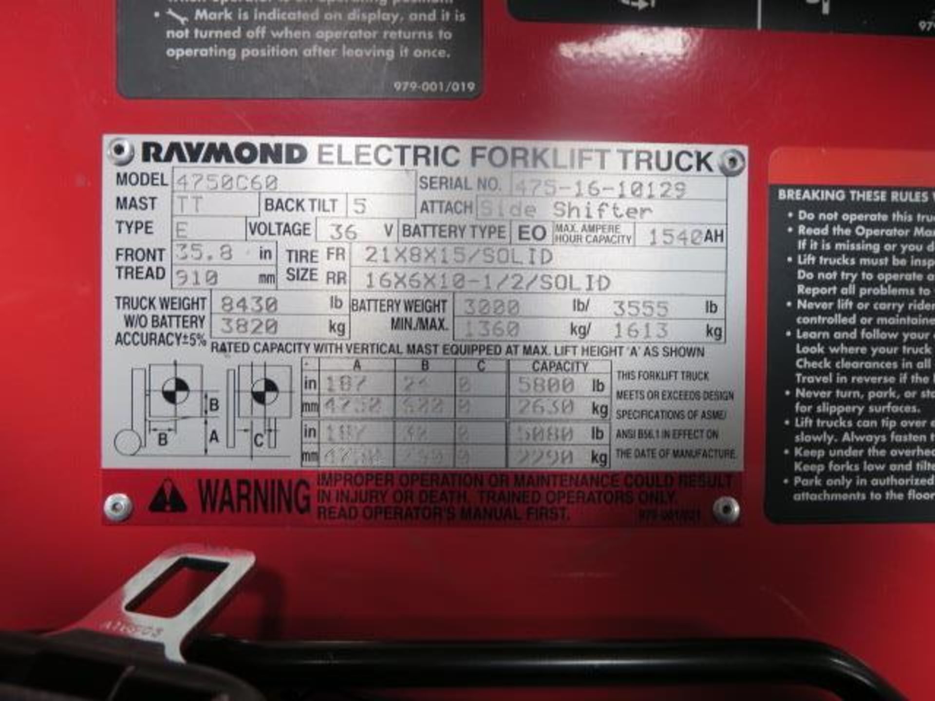 Raymond 4750C60 4750 Lb Cap Electric Forklift s/n 475-6-10129 w/ 3-Stage Mast, 187” Lift, SOLD AS IS - Image 17 of 17