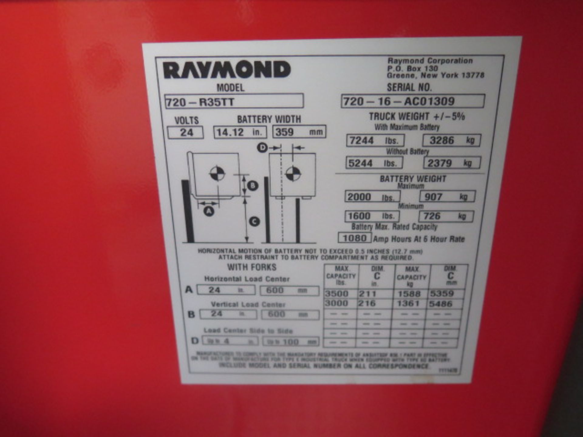 Raymond 720-R35TT 3500 Lb Cap Stand-In Reach Fork Elec Pallet Mover s/n 720-16-AC01309, SOLD AS IS - Image 12 of 12