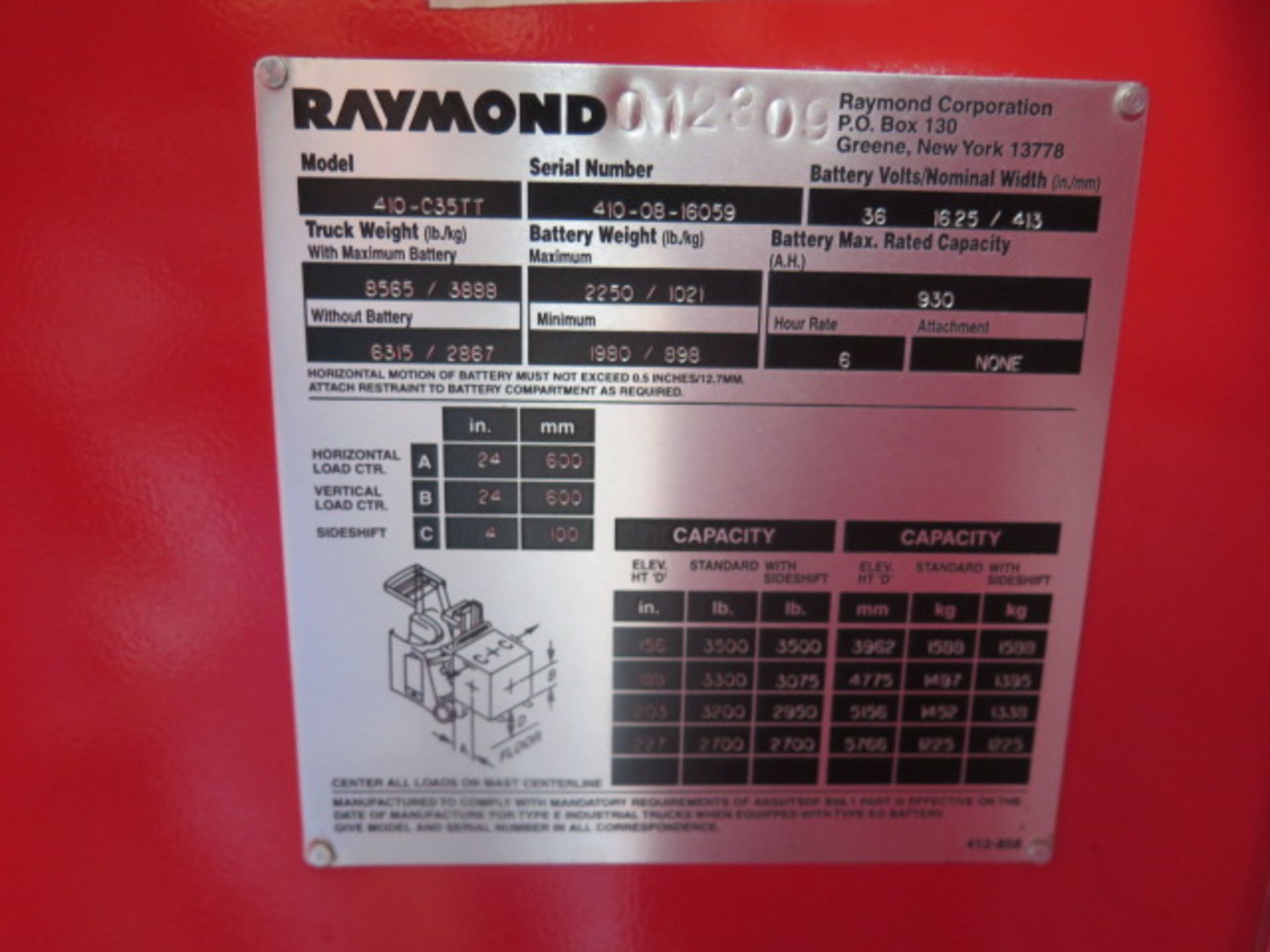 Raymond 410-C35TT 3500 Lb Cap Short Mast Stand-In Electric Pallet Mover s/n 410-08-16059, SOLD AS IS - Image 15 of 15