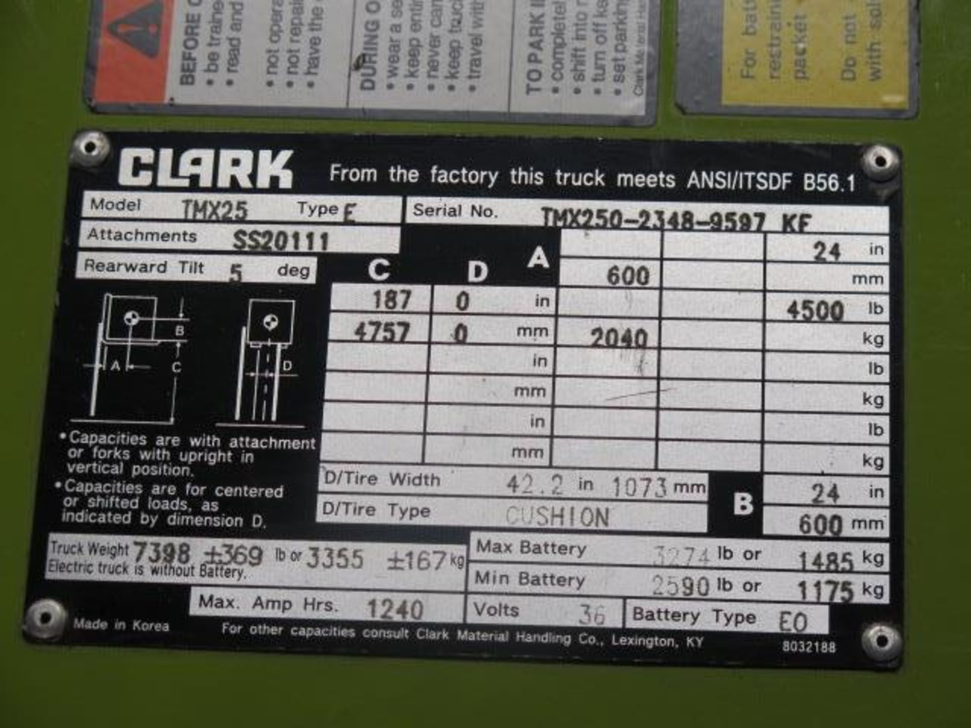 Clark TMX25 4750 Lb Cap Electric lift s/n TMX250-2348-9597KF w/2007 Bolzoni Auramo Clamp, SOLD AS IS - Image 17 of 17