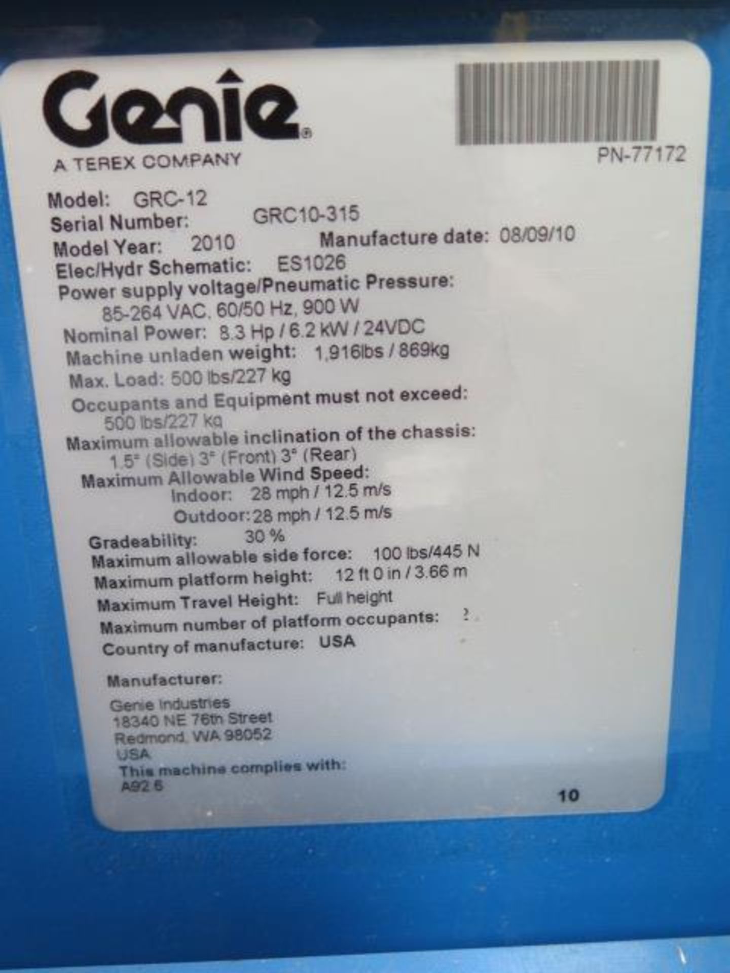 2010 Genie GRC-12 "Runabout Contractor" Electric Platform Lift s/n GRC10-315 w/ 12' Lift, SOLD AS IS - Image 14 of 14