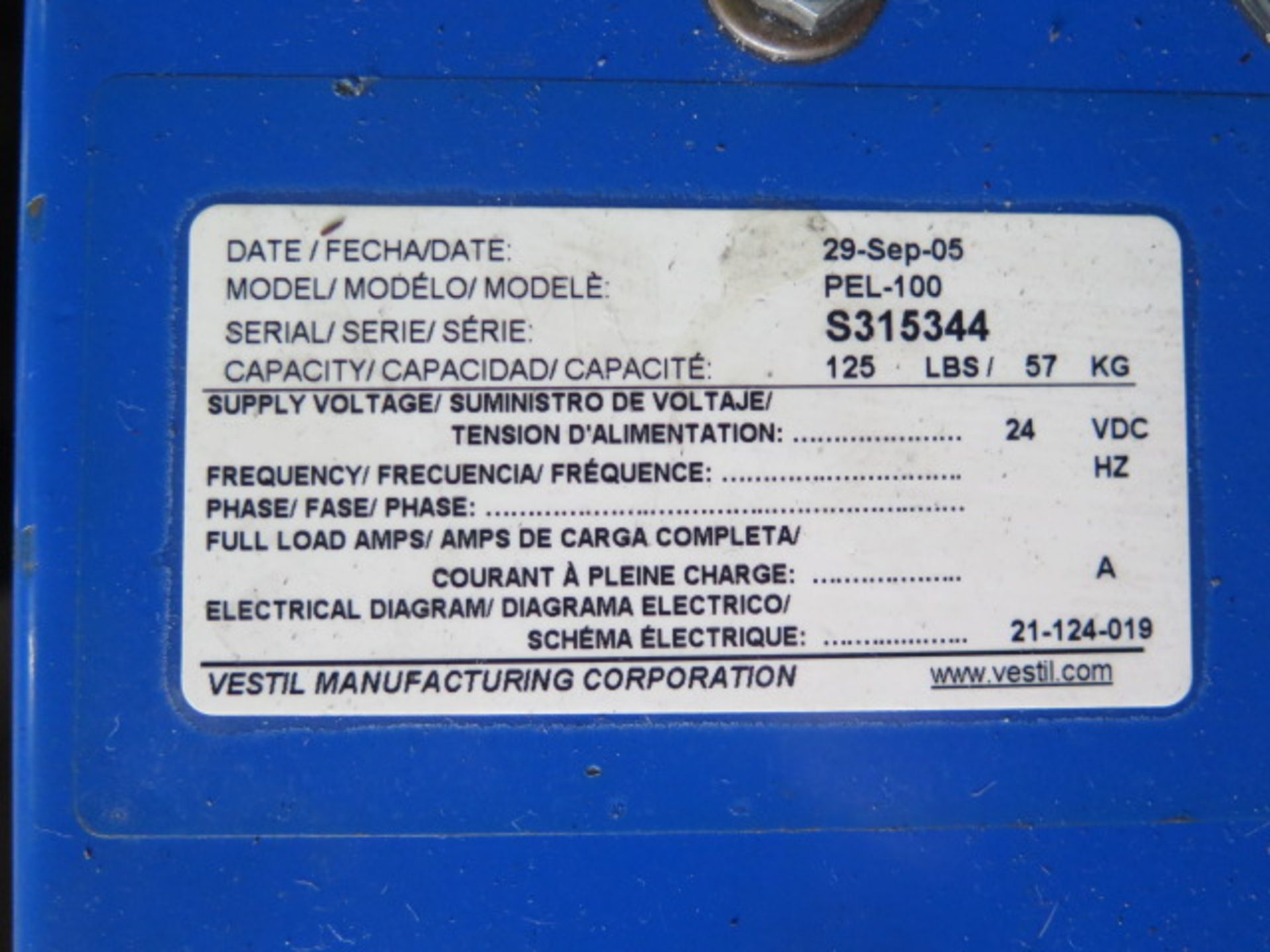 Vestil PEL-100 125 Lb Cap Electric Lift s/n S315344 (SOLD AS-IS - NO WARRANTY) - Image 6 of 6