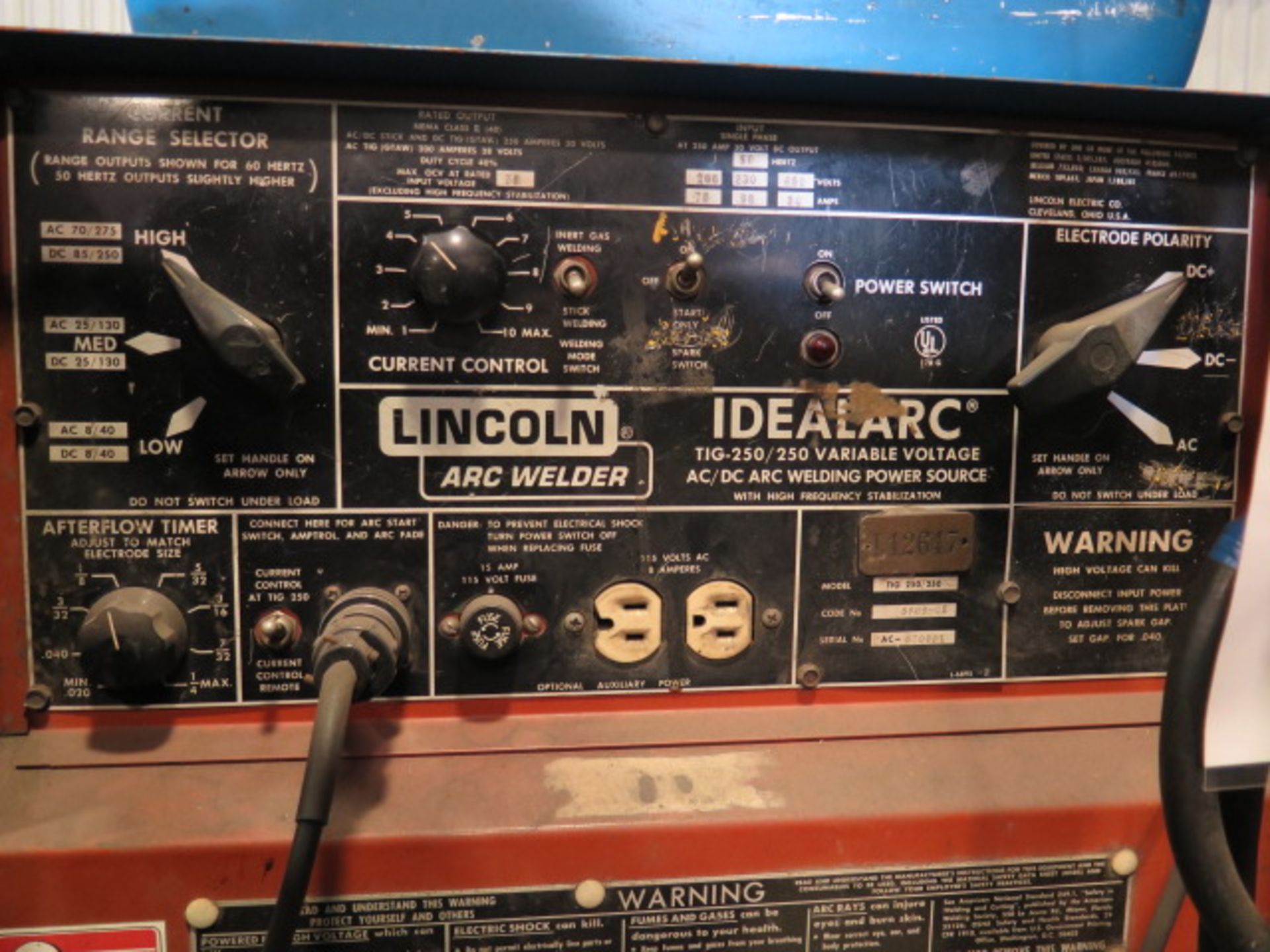 Lincoln Idealarc TIG 250/250 Arc Welding Power Source w/ Bernard Cooler (SOLD AS-IS - NO WARRANTY) - Image 3 of 10