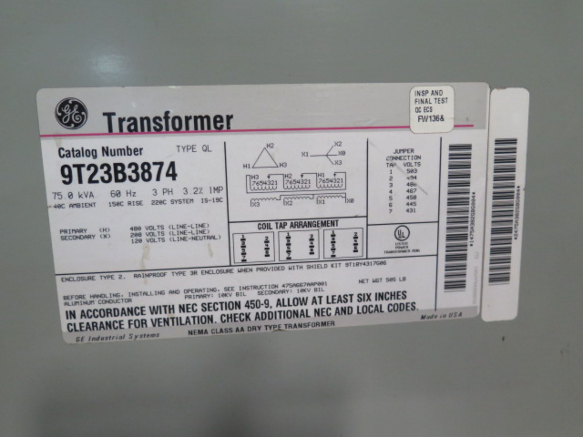 GE 75kVA Transformer 480-208/120 (SOLD AS -IS - NO WARANTY) - Image 4 of 4