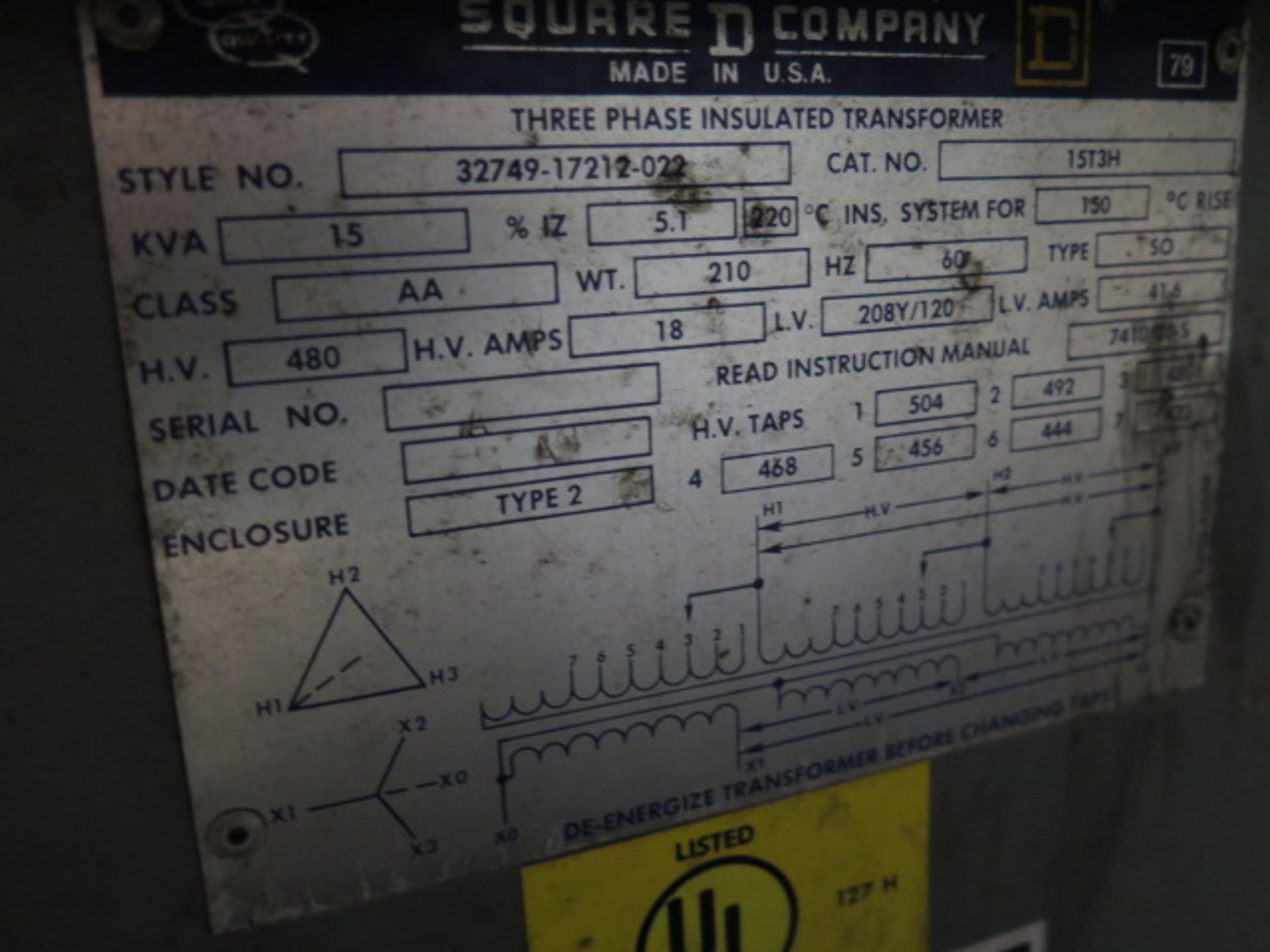 Square-D 15kVA Trnsformer 480-208Y/120 (SOLD AS -IS - NO WARANTY) - Image 5 of 5