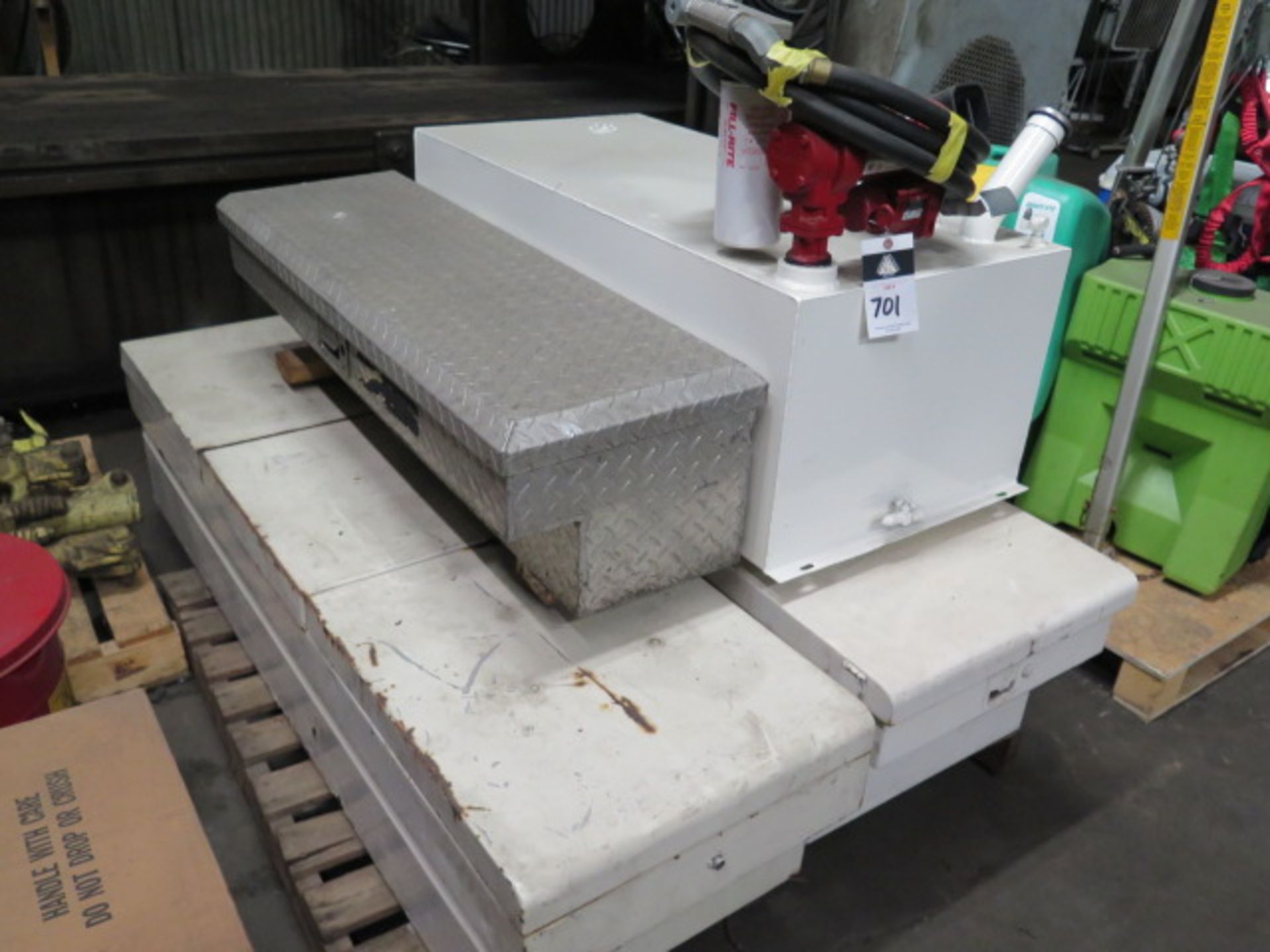 Equipment Fuel Tank w/ Pump and (3) Pickup Storage Boxes (SOLD AS -IS - NO WARANTY)