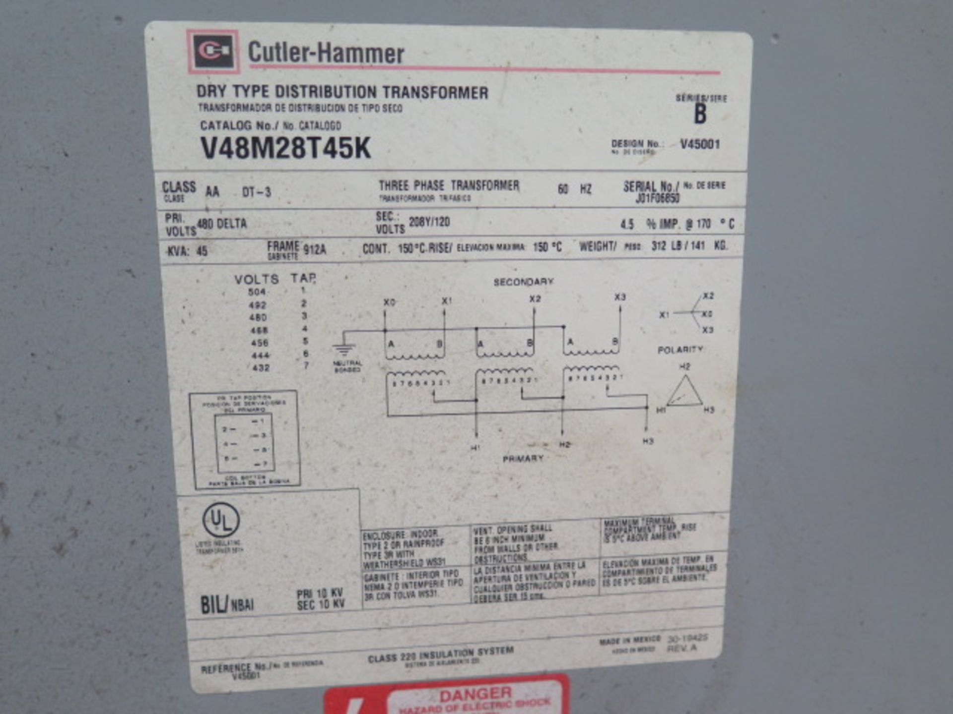 Cutler-Hammer 45kVA Transformer 480-208Y/120 (SOLD AS-IS - NO WARRANTY) - Image 4 of 4