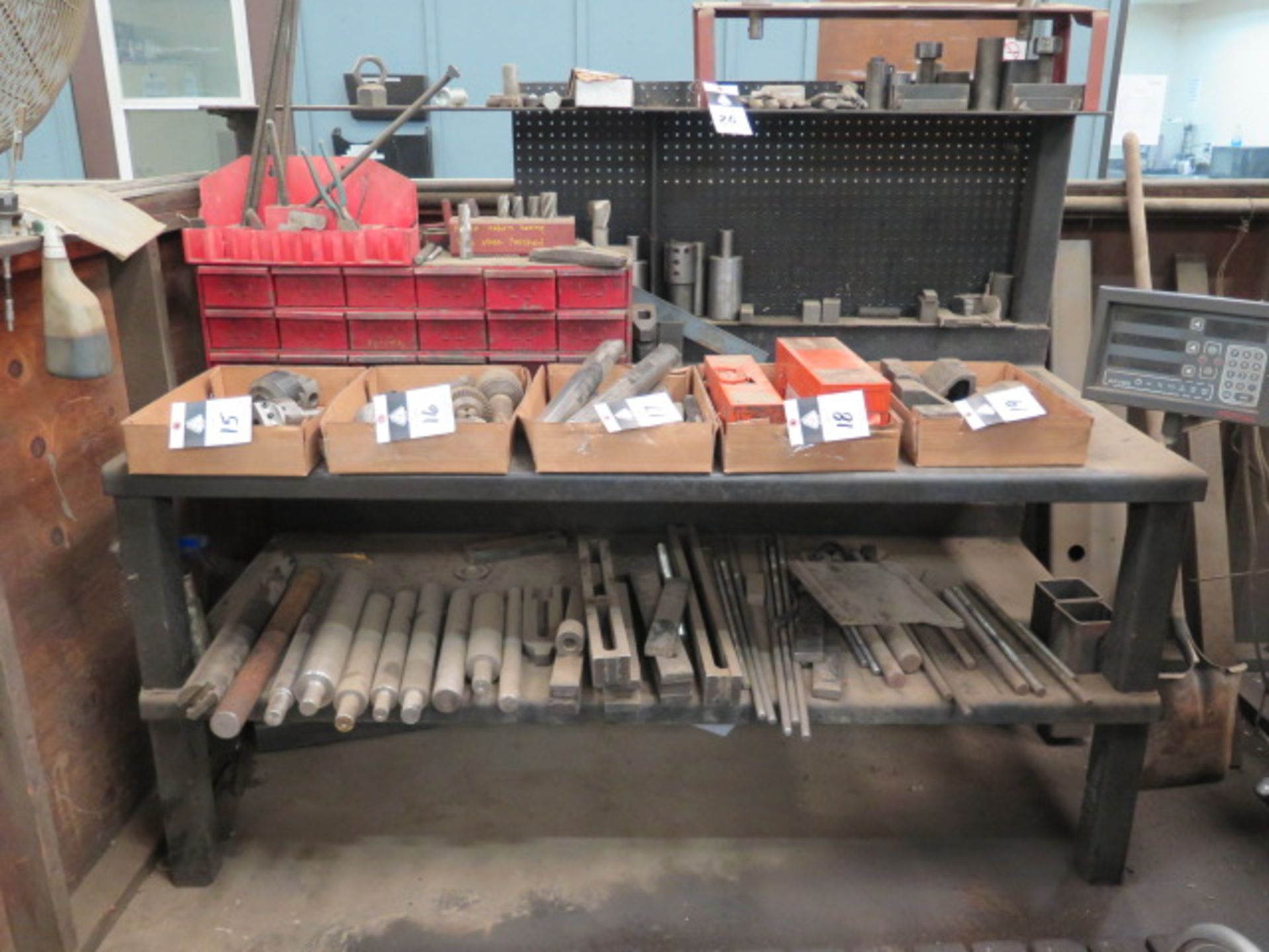 Heavy Duty Steel Table w/ Mill Clamps, Drawered Cabinet and Misc Tooling (SOLD AS-IS - NO WARRANTY)