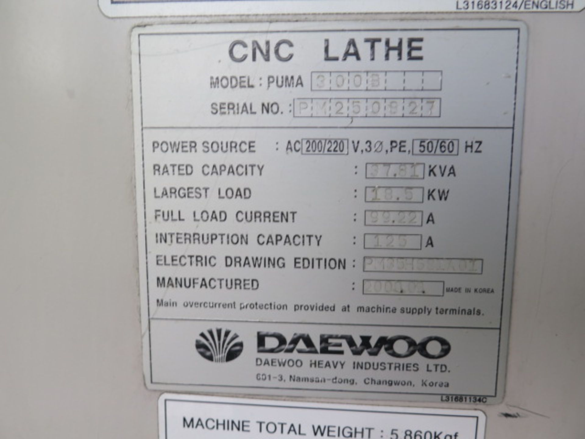 2000 Daewoo PUMA 300B CNC Turning Center s/n PN250827 w/ Fanuc Series 18i-T Controls, SOLD AS IS - Image 15 of 15