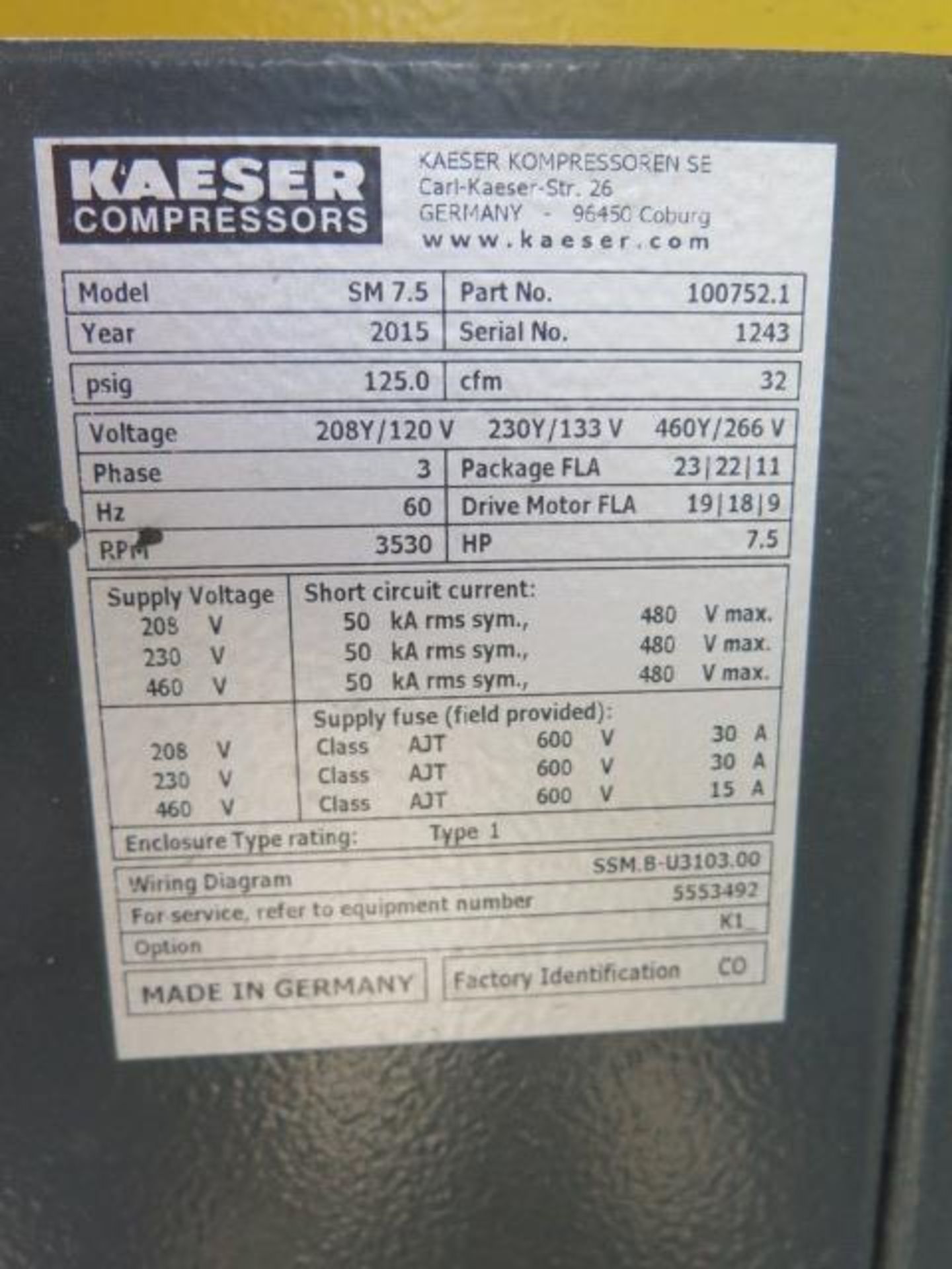 2015 Kaeser SM7.5 7.5Hp Rotary Air Compressor s/n 1243 w/Sigma Controls, 2018 Kaeser TA11,SOLD AS IS - Image 6 of 7
