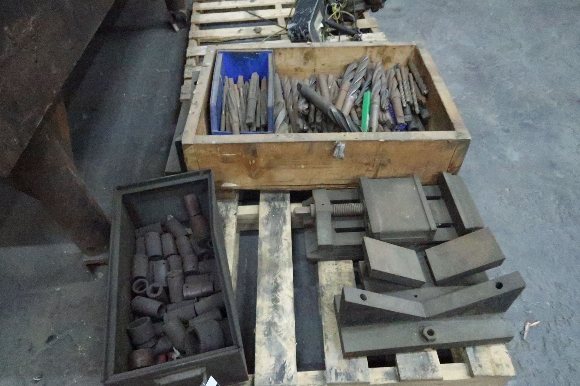 Pallet with Drills and 8 inch Vise (SOLD AS-IS - NO WARRANTY)