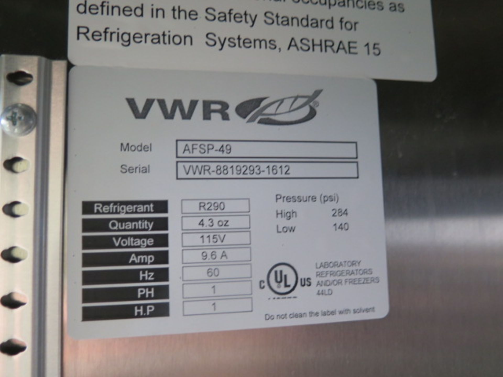 VWR AFSP-49 49 Cu.Ft Solid Door Stainless Steel Lablratory Freezer s/n VWR-8819293-1612, SOLD AS IS - Image 8 of 8