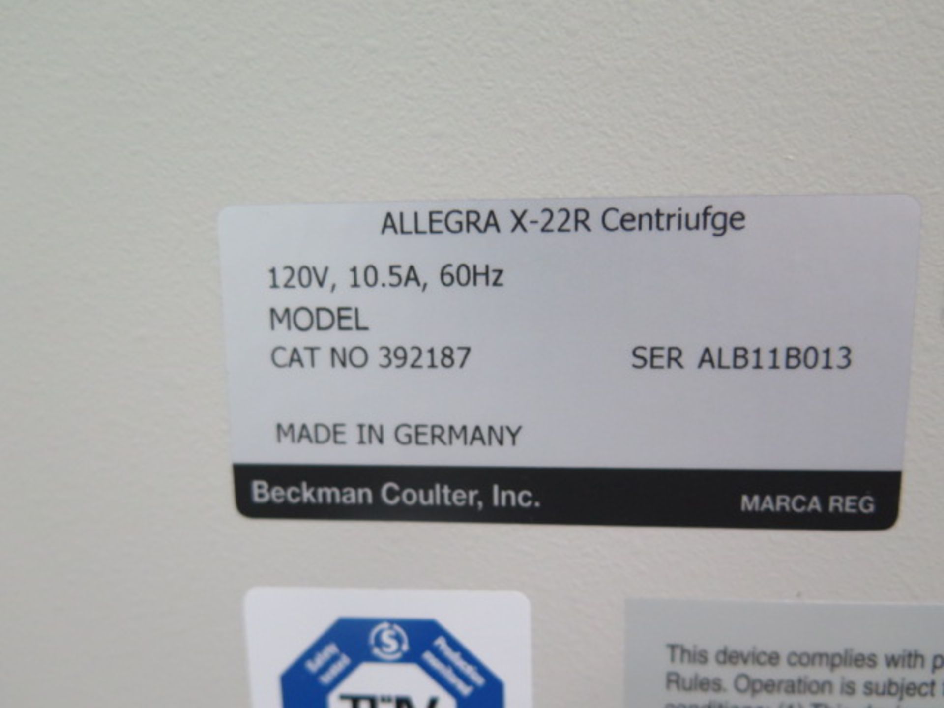 Beckman Coulter Allegra X-22R Centrifuge s/n ALB11B013 (SOLD AS-IS - NO WARRANTY) (SOLD AS-IS - NO - Image 9 of 9