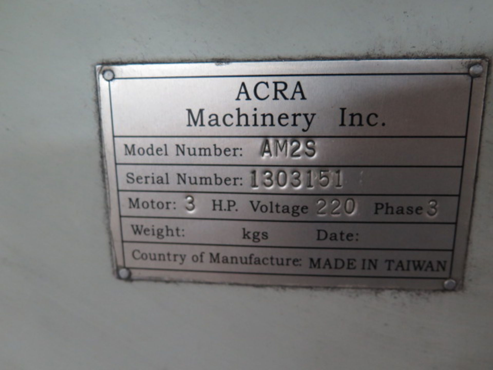 Acra Mill AM2S Vertical Mill s/n 1303151 w/ Sino SDS6-2V Programmable DRO, 3Hp Motor, SOLD AS IS - Image 15 of 15