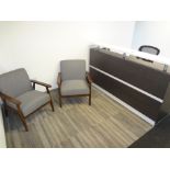 72" RECEPTION DESK W/ ROLLING SECRETARIAL CHAIR & [2] CLOTH CHAIRS (NO PHONE)