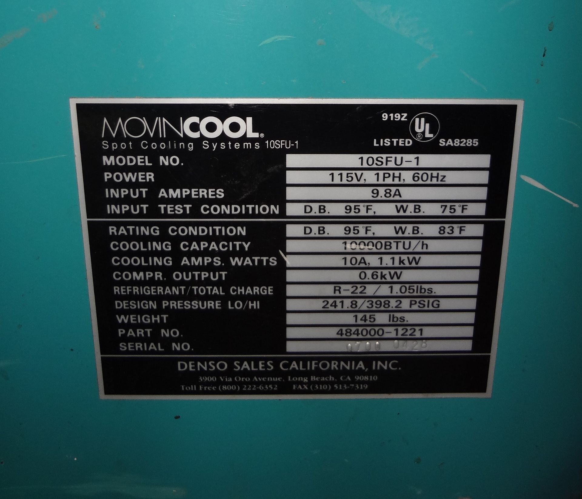 MOVIN-COOL 10SFU PORTABLE COOLING SYSTEM, 10,000 BTU - Image 2 of 2