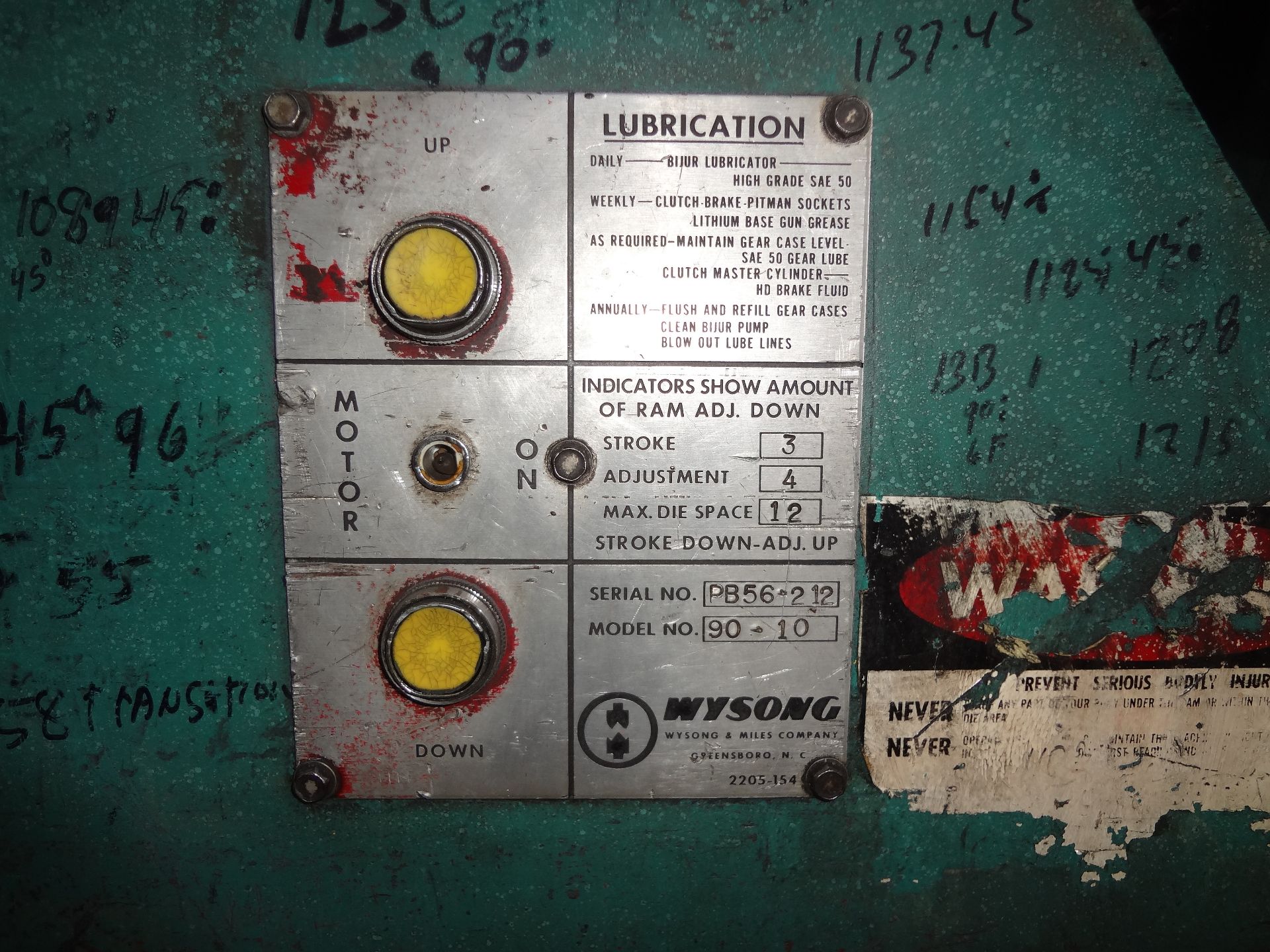 90 TON X 12' WYSONG MDL. 90-10 MECHANICAL PRESS BRAKE, 12' OVERALL, 10'6" BETWEEN HOUSING, MOTORIZED - Image 3 of 11