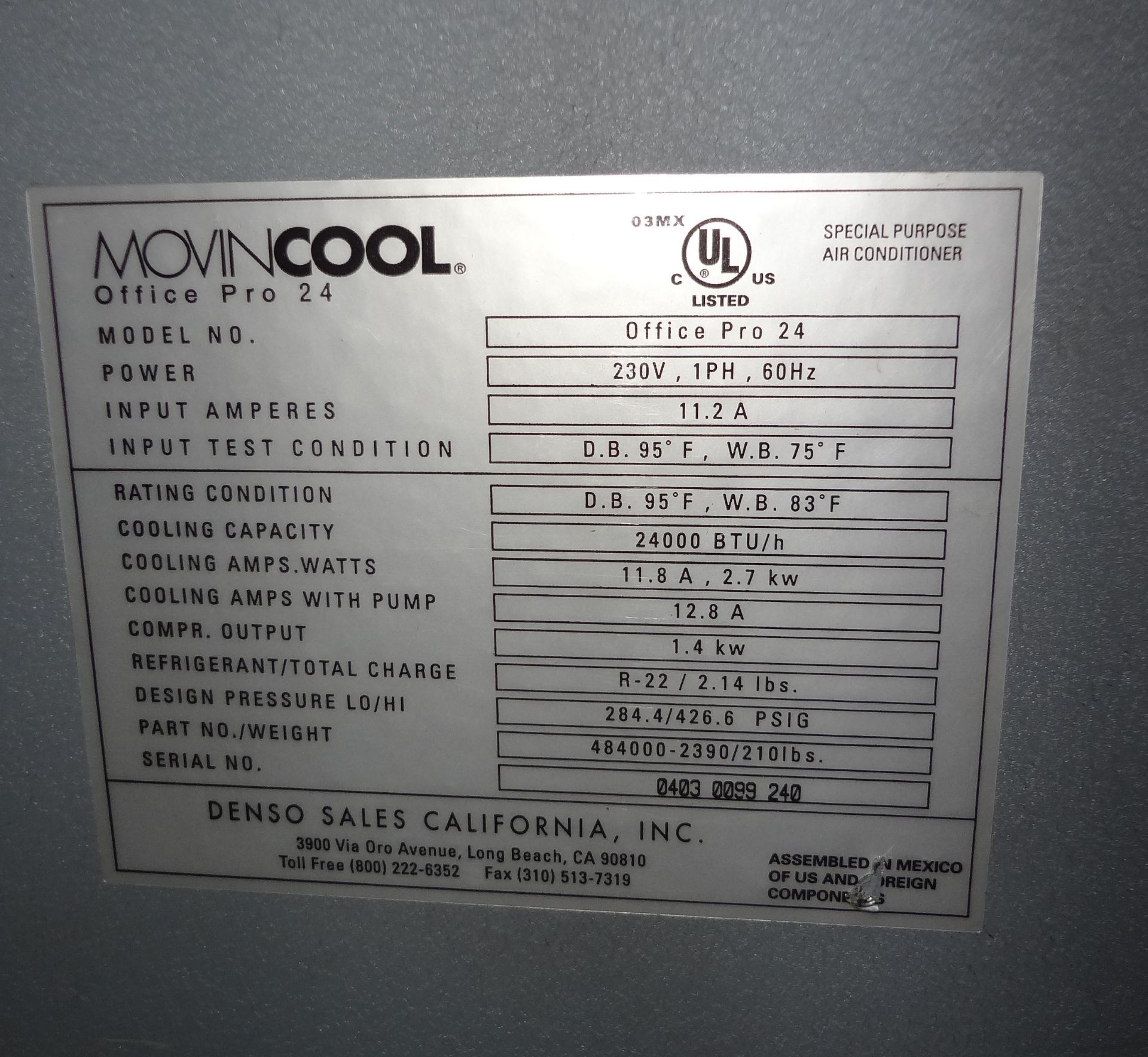 MOVIN-COOL OFFICE PRO 24 PORTABLE COOLING SYSTEM, 24,000 BTU - Image 2 of 2