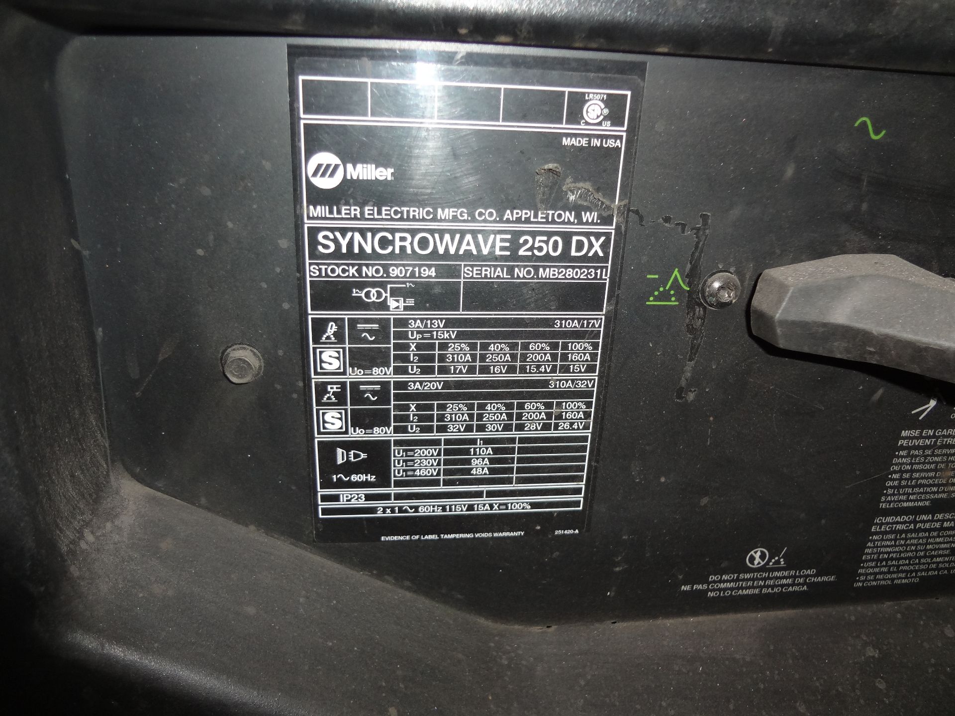 MILLER SYNCROWAVE 250DX WELDER, S/N: MB280231L - Image 3 of 5