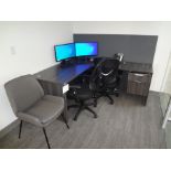 65" DESK W/ RETURN, [2] ROLLING SECRETARIAL CHAIRS, CLOTH CHAIR (NO PC'S)