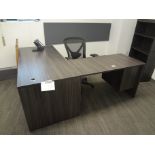 65" DESK W/ RETURN, ROLLING CHAIR, [2] METAL FRAME CLOTH CHAIRS, BOOK CASE