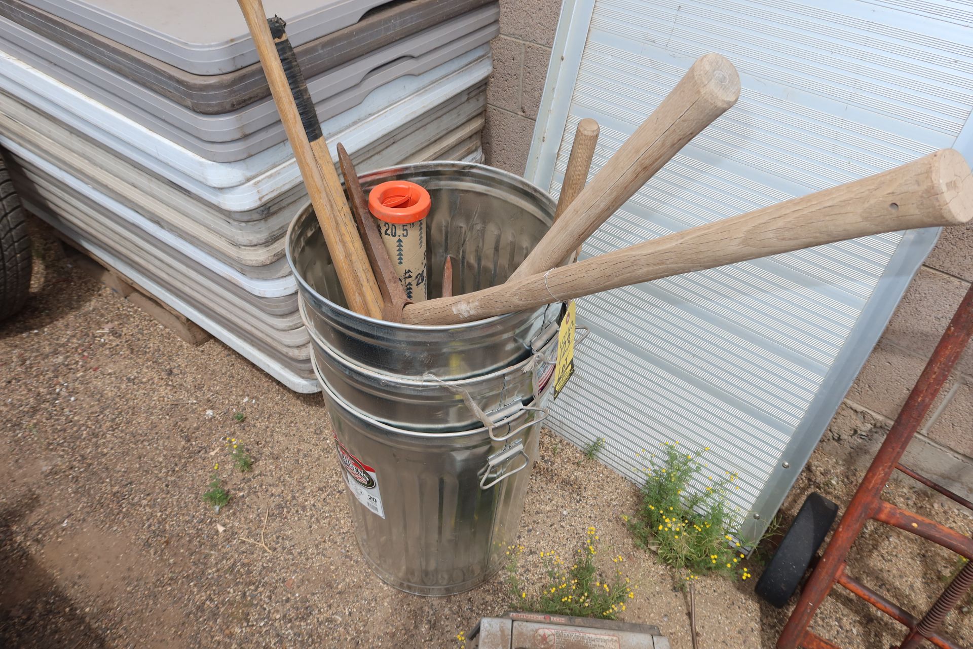 LOT SLEDGE HAMMERS, PICKAXES, AXES W/ ALUMINUM BINS