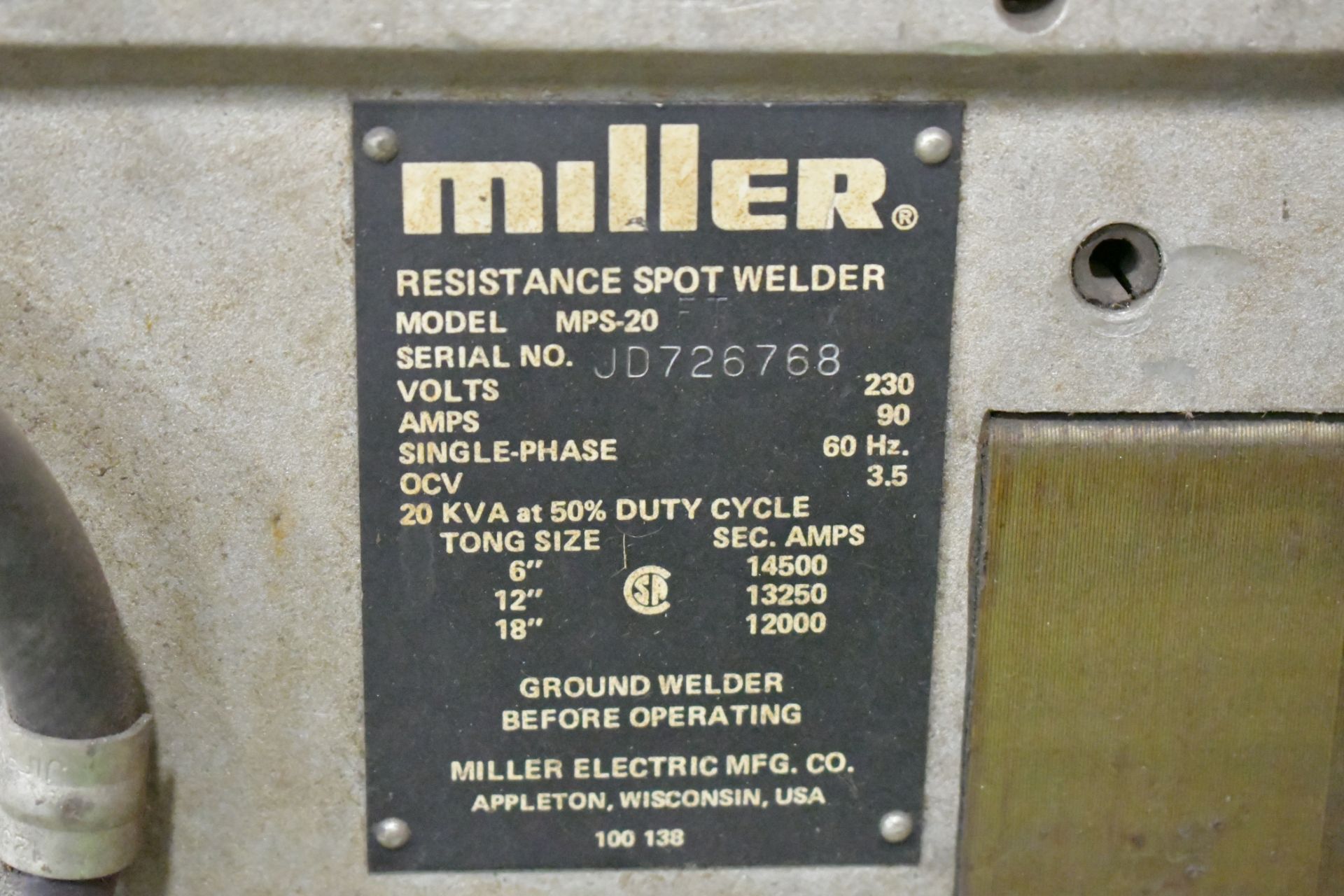 Miller Model MPS-20, 20-KVA 18" Deep Throat Spot Welder, S/n JD726768, 1-PH, 230-Volts - Bild 2 aus 2